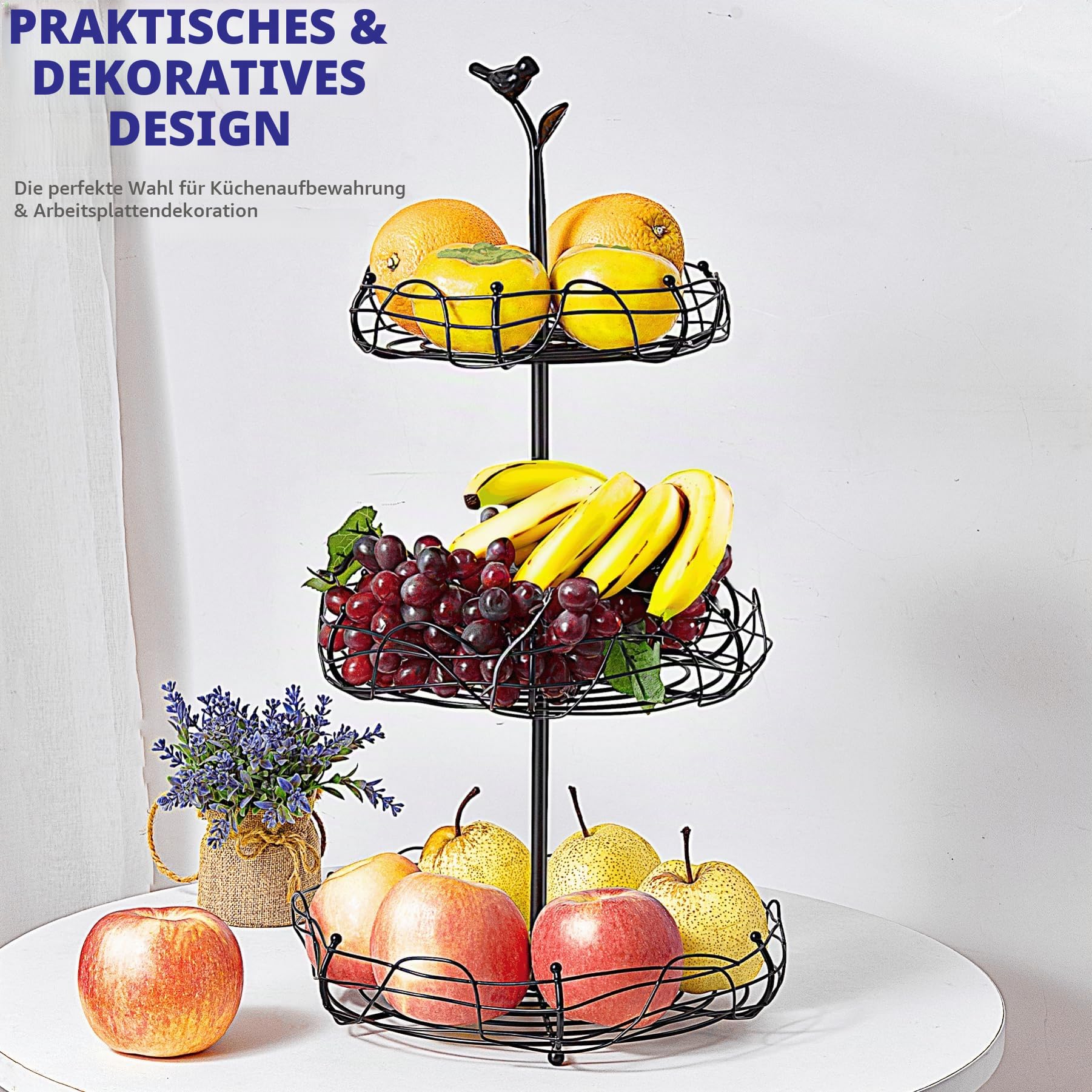 3-Tier Bird Nest Fruit Basket Stand with Cute Handle - Multi-Functional Metal Fruit and Vegetable Organizer for Kitchen Countertop, Ideal for Home Décor & Storage