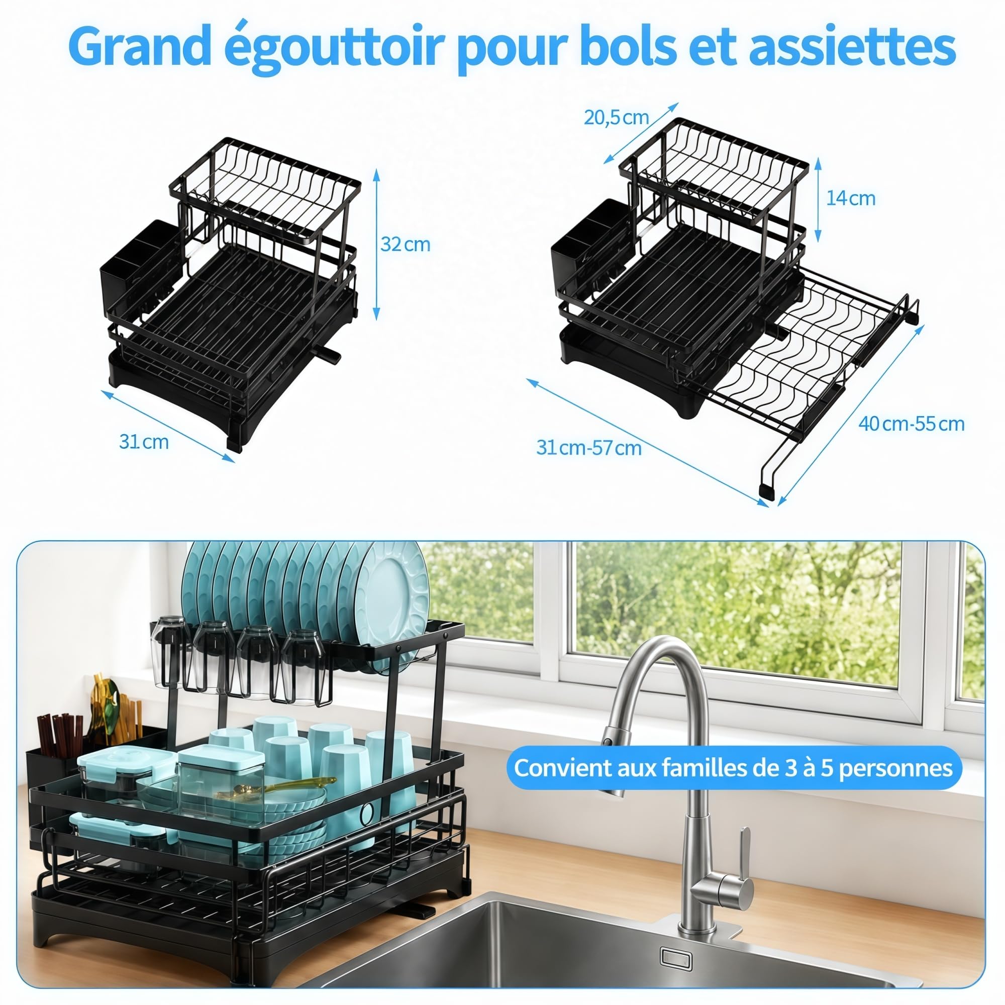 Egouttoir Vaisselle 2 Niveaux, Extensible, Grande Capacité, Noir