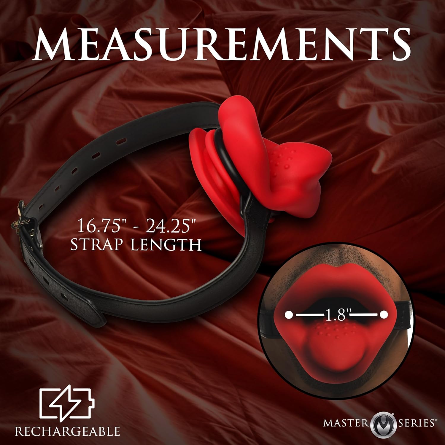 MASTER SERIES Vibrating Sissy Mouth Gag for Beginners, Men, Women, & Couples. Teeth Guard and Open Mouth Gag Design. Adjustable Strap. Waterproof and Rechargeable. 3 Pieces, Red & Black.