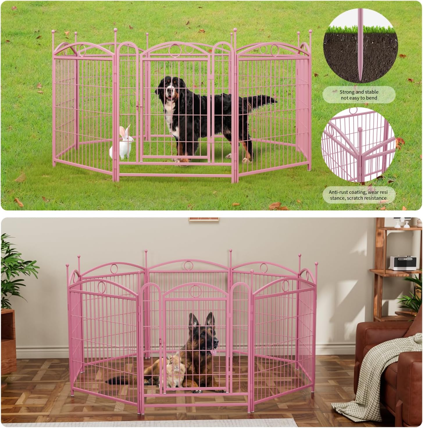 Dog Playpen Indoor 32 inch Pink 8 Panels Metal Dog Pen Pet Dog Fence Outdoor Exercise Pen with Doors, Heavy Duty Dog Fence Puppy Pen for Large Medium Small Dogs Indoor Outdoor