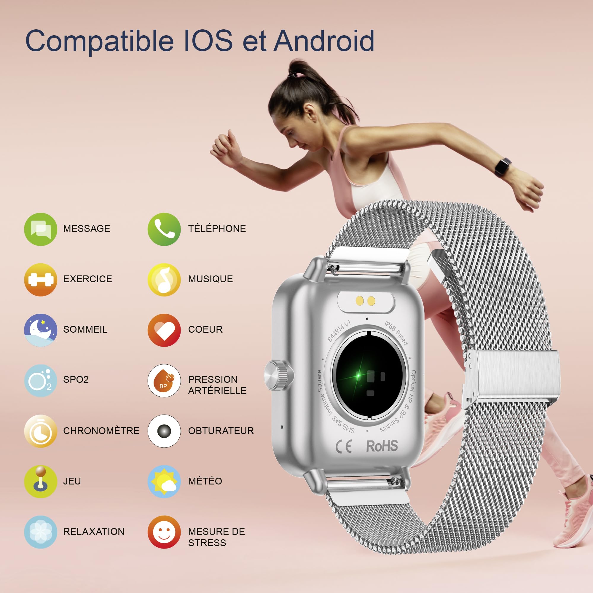Digitec Montre connectée Square argentée avec Bracelet en Acier Maille milanaise argentée, Homme Femme, Suivi activité et Sommeil