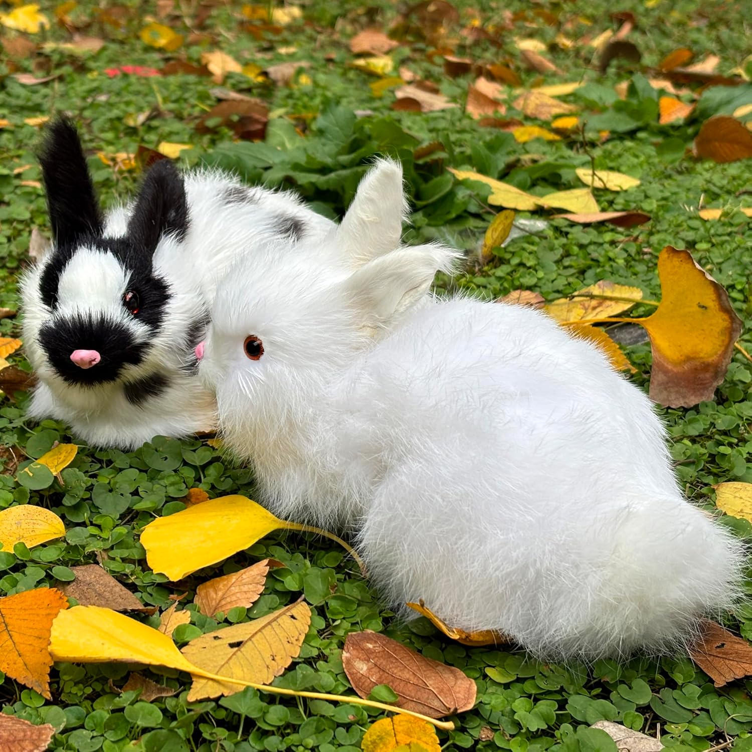 2 Realistic Rabbits Figurines - Lifelike Easter Bunnies Stuffed Farm Animal Plush Dutch Rabbits Statue Photo Props Spring Home Decoration (White+Black&White)