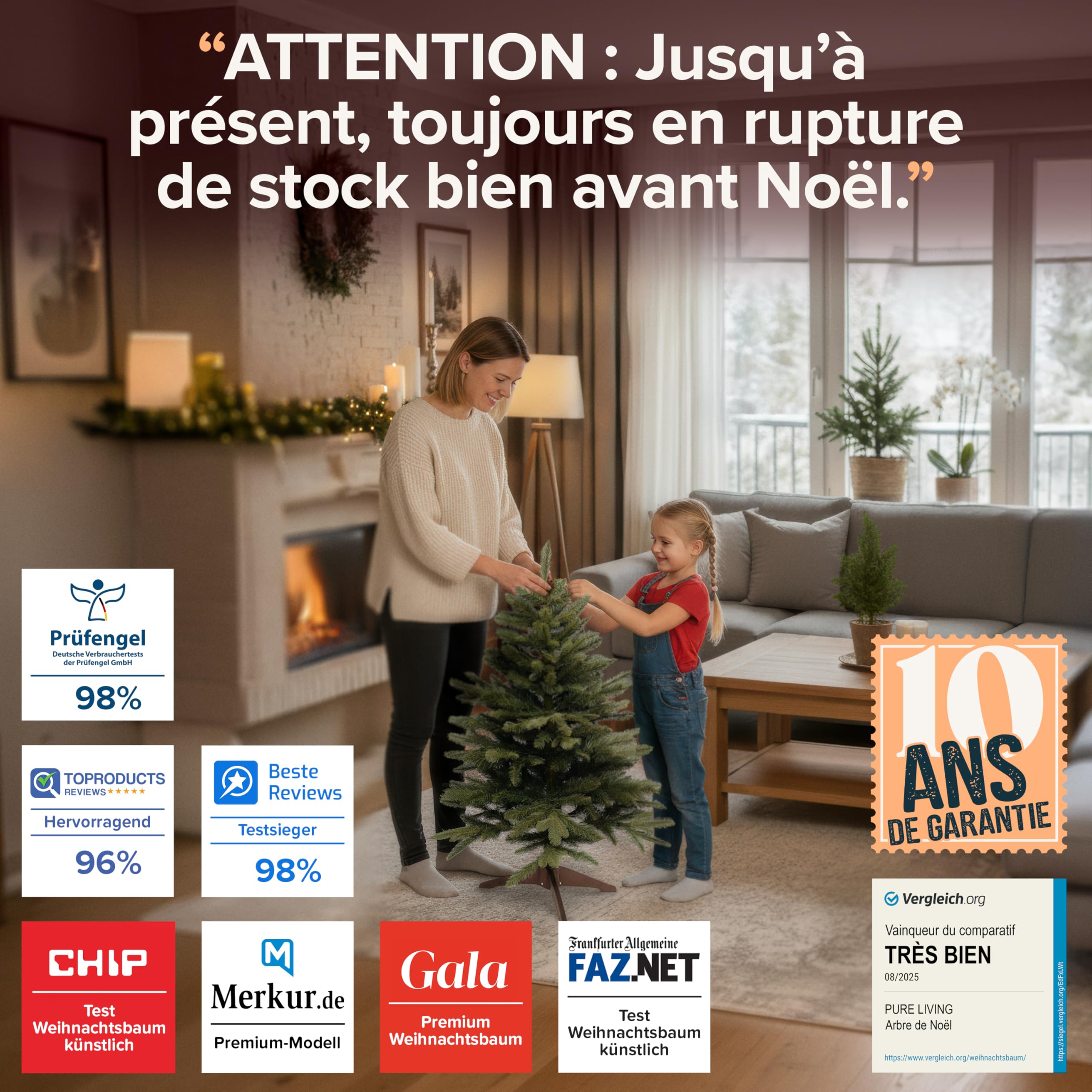 Sapin de Noël Artificiel Premium 90 cm - Gagnant du Test - Réalisme Exceptionnel, Branches épaisses, livré avec Support en Bois et Sac de Rangement – Pure Living