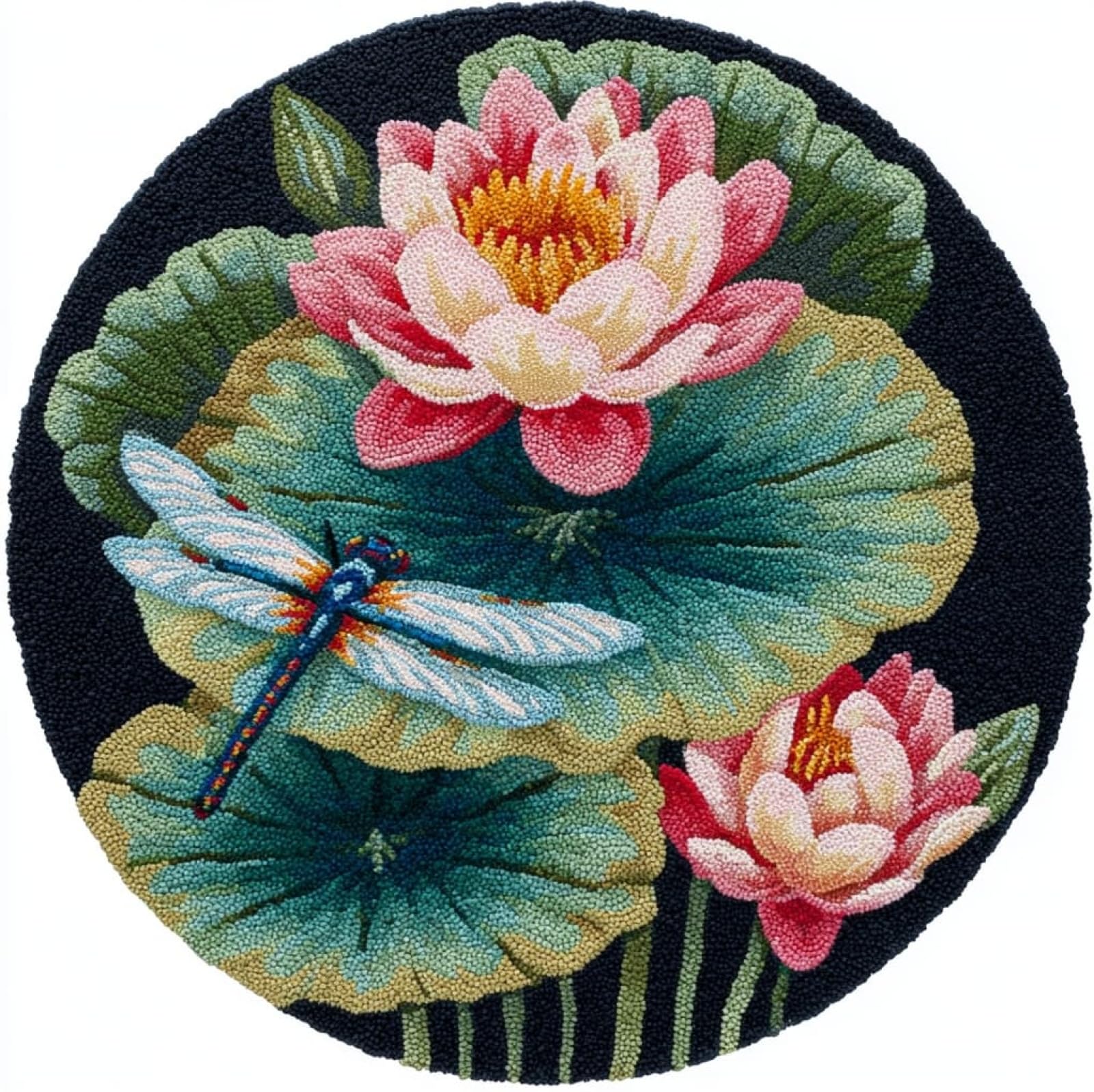 WallustrioaW Latch Hook Rug Kit,Dragonfly and Lotus,Carpet Crochet Yarn Kits for Adults,Latch Hook Kits for Adults Colorful Pattern Printed Canvas,50x50cm