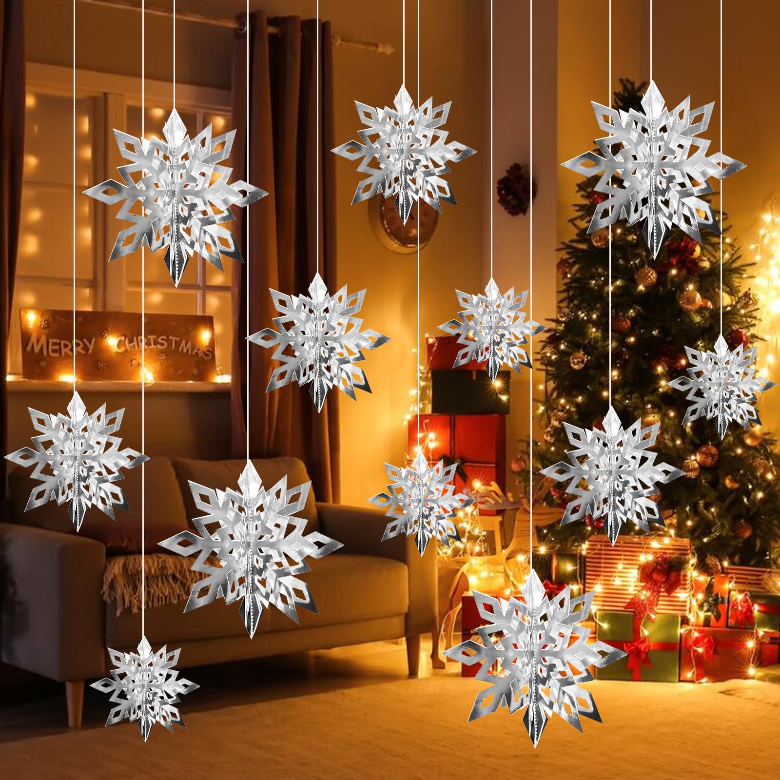 Wlleoaa 12Pcs Hanging Snowflake Decorations, Christmas Snowflake Hanging Swirls Decoration, 3D Snowflakes Ceiling Swirls Hangings Ornaments, Christmas Ceiling Decor, for Xmas New Year Party (Silver)