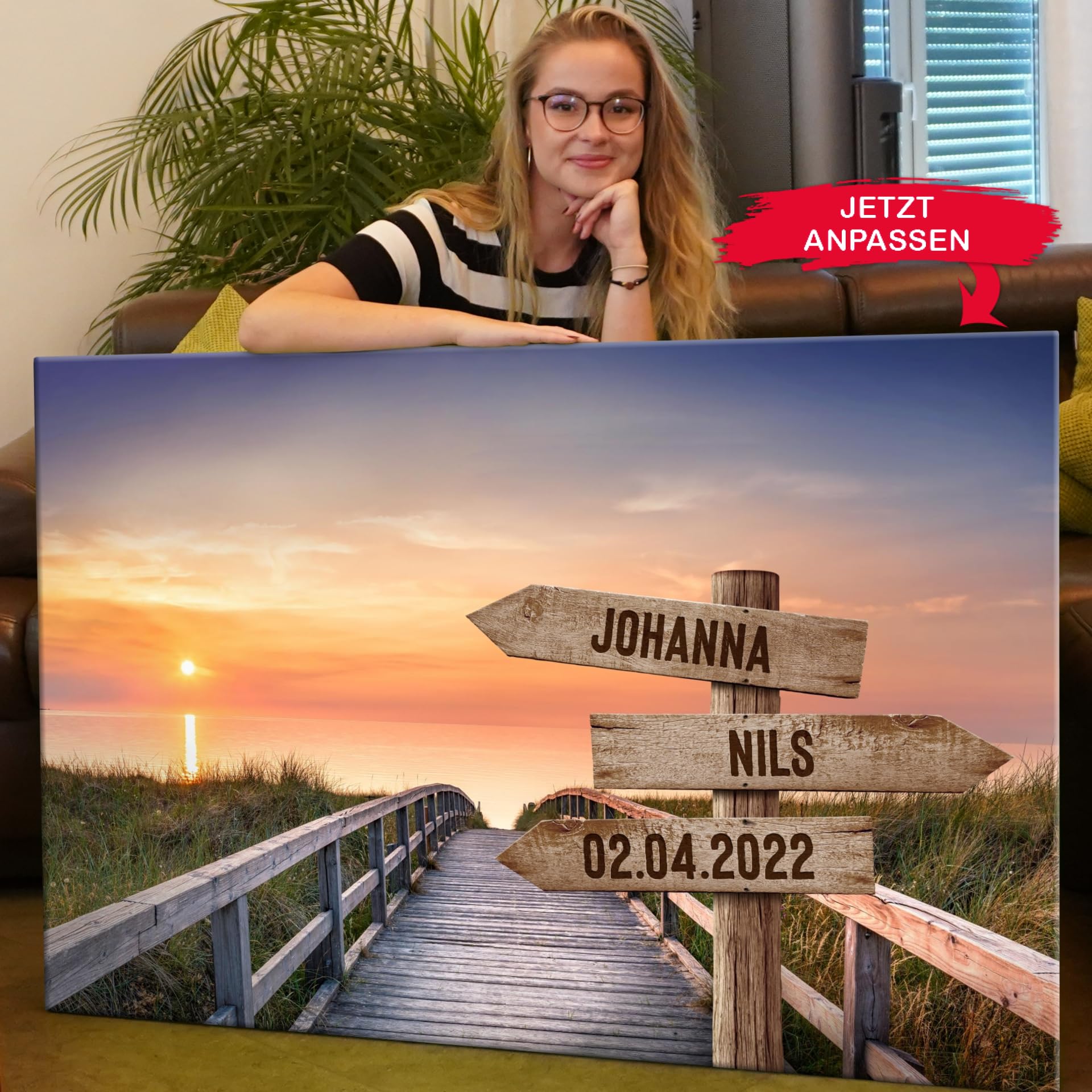 Liebesleinwand Leinwandbild personalisiert | Leinwand gestalten mit Namen und Datum Geschenk für Partner | Romantische Promenade