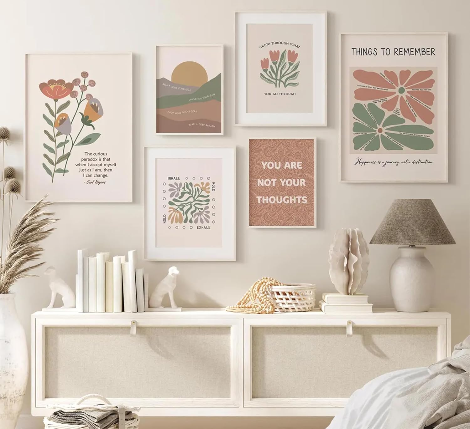 Wavkkey 6Pcs Mental Health Wall Art Psychology Therapy Motivational Quotes abstract Boho floral Painting Pictures Poster Wall Decor Canvas Print Artwork for Bedroom Office Home Decoration