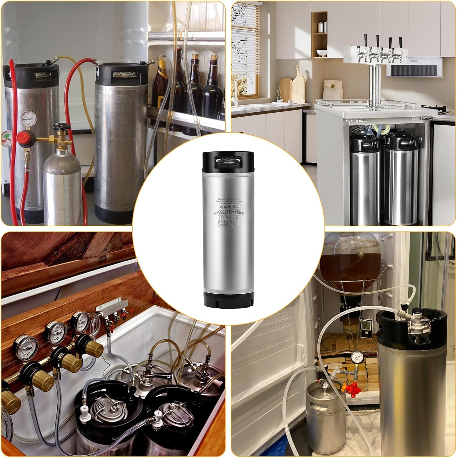 New 5 Gallon Ball Lock Keg, 304SS Corny Keg with Ball Lock Quick Disconnect & Dual Rubber Handles Bottom -Portable Beer Disperse with 2 Lid Gaskets 2 Hose Clamps - Ideal for Homebrew Party