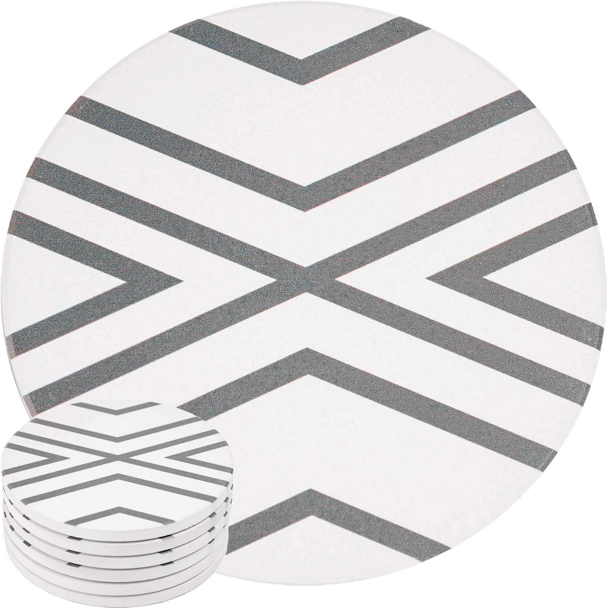 EnkoreAbsorbent Coasters for Drinks, Set of 6 Extra Large 4.3" Ceramic Cup Mats in Gray Line Design, Thirsty Clay Stone Pack with Cork Base Pad Protect Wood, Glass, Granite, Marble Tabletop,NO Holder