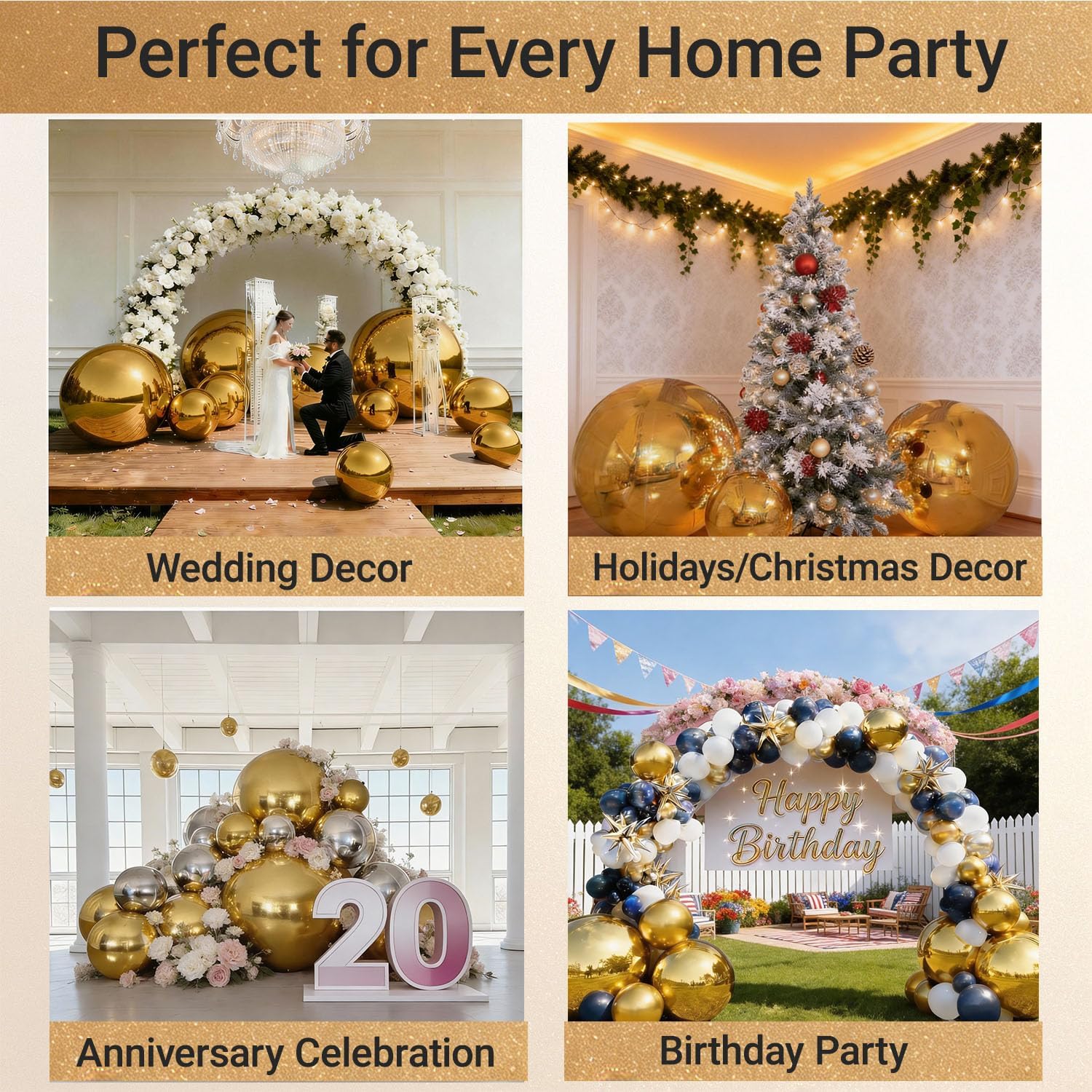 3PCS Gold Inflatable Mirror Ball Set with Pump - Big Shinny Mirror Balls Reusable PVC for Home Party, Wedding, Birthday, Stage, Mall & Large Event (3-Pack with Pump)