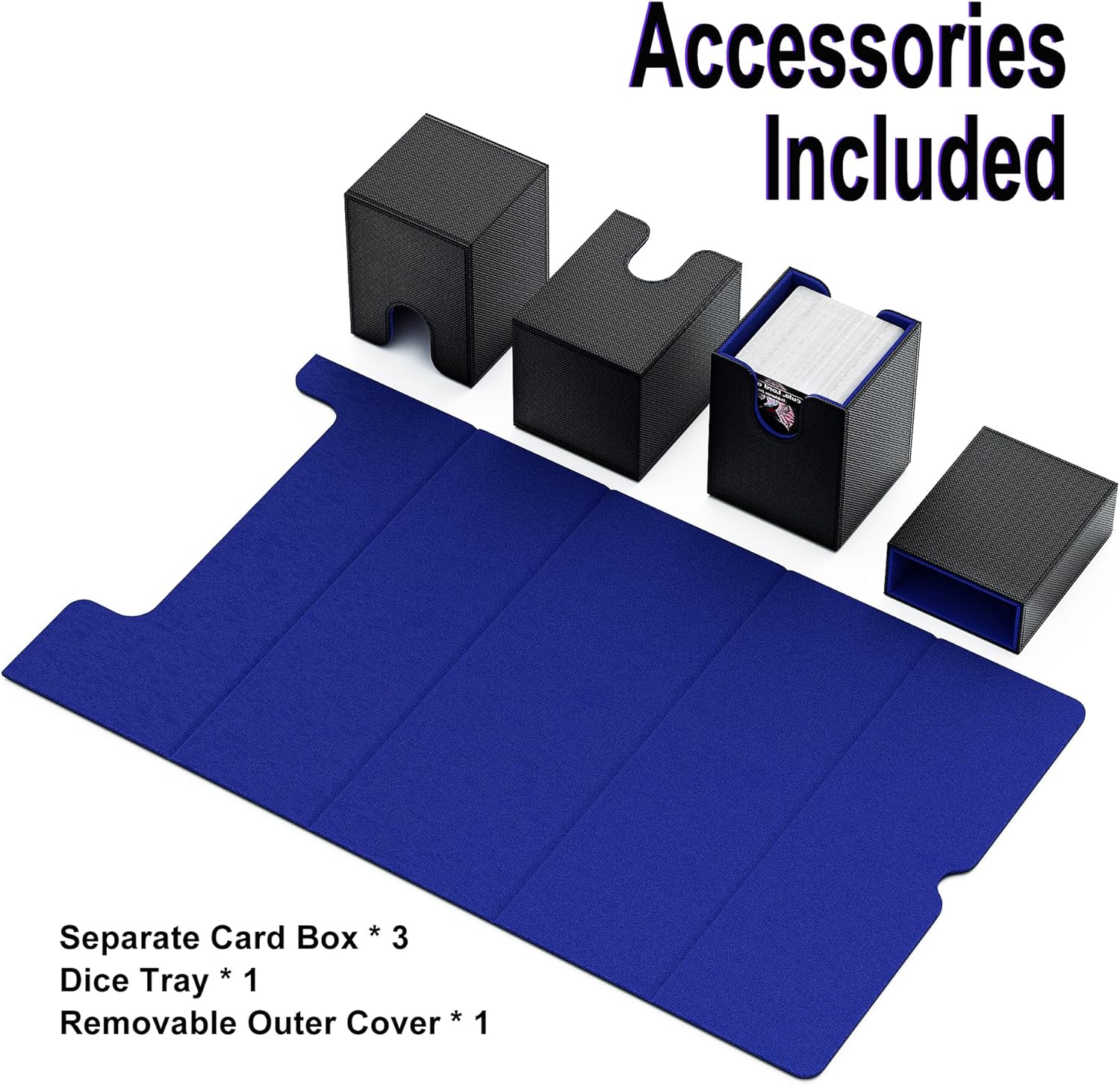 Commander Deck Box with 3 MTG Commander Display - Patented Design Fits 300+ Double - Cards for MTG, Yugioh, Secure Magnetic Closure, Ideal for Trading Card Games and Board Games (Black&Blue)