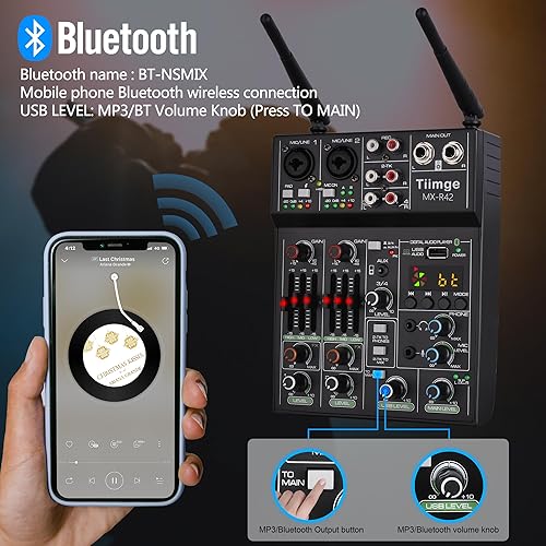 Miniatura 2 de Mezclador de audio profesional con micrófono inalámbrico dual, interfaz de sistema de consola de placa de sonido, 4 canales, mezclador de DJ USB,