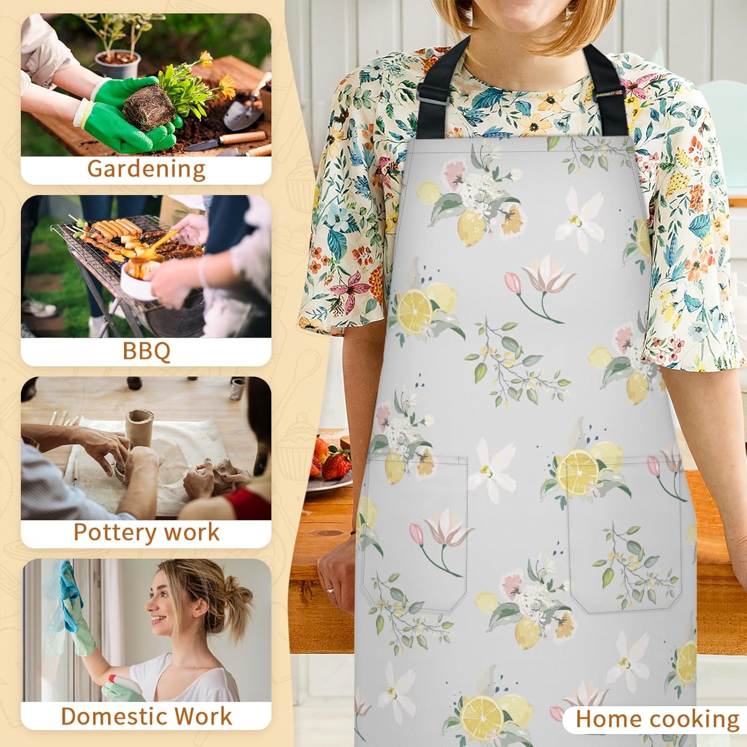 Fresh Lemon Aprons for Women with Pockets, Adjustable Kitchen Apron, Light Green Flower Apron for Kitchen, Cleaning, Gardening - Image 6