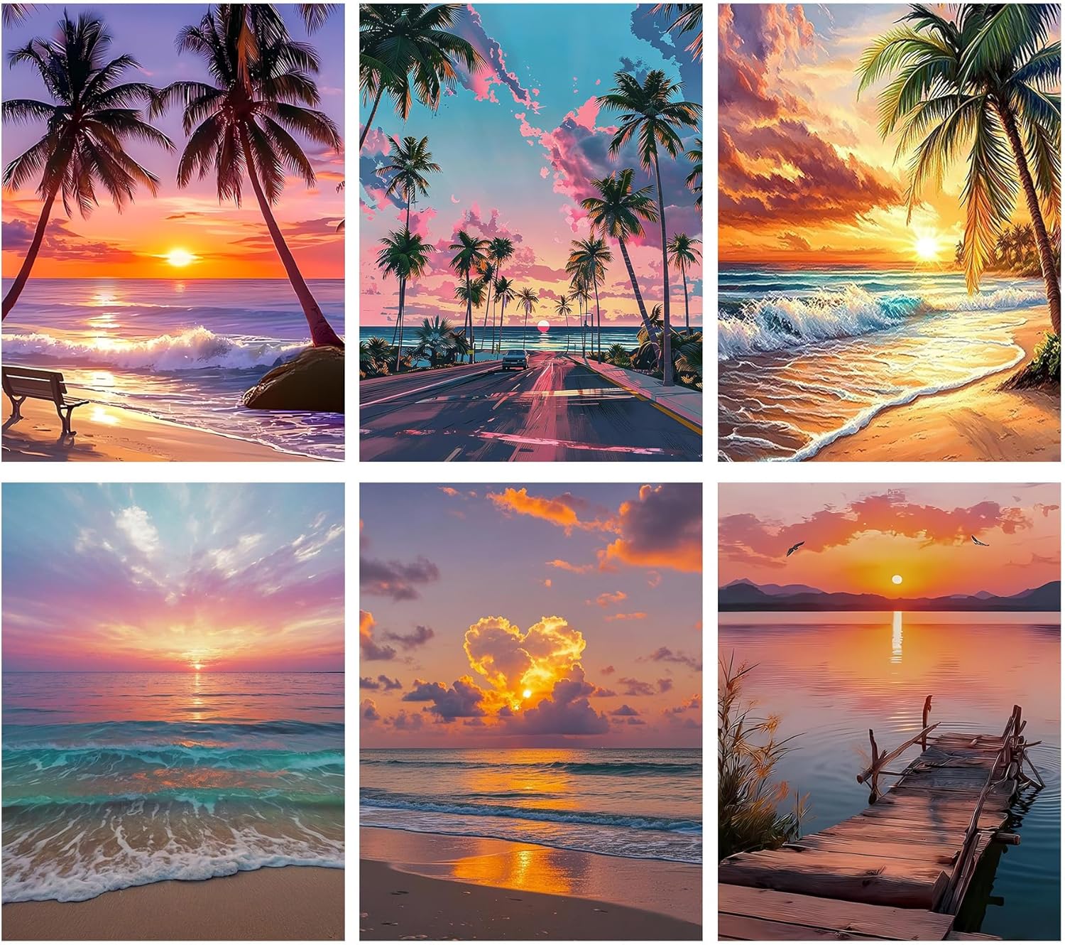 croshom Sunset Diamond Art Kits for Adults, 6 Packs Beach Diamond Painting Kits for Adults Beginners, 5D DIY Full Round Drill Gem Craft for Adult Gifts, Home Wall Decor 12" x 16"
