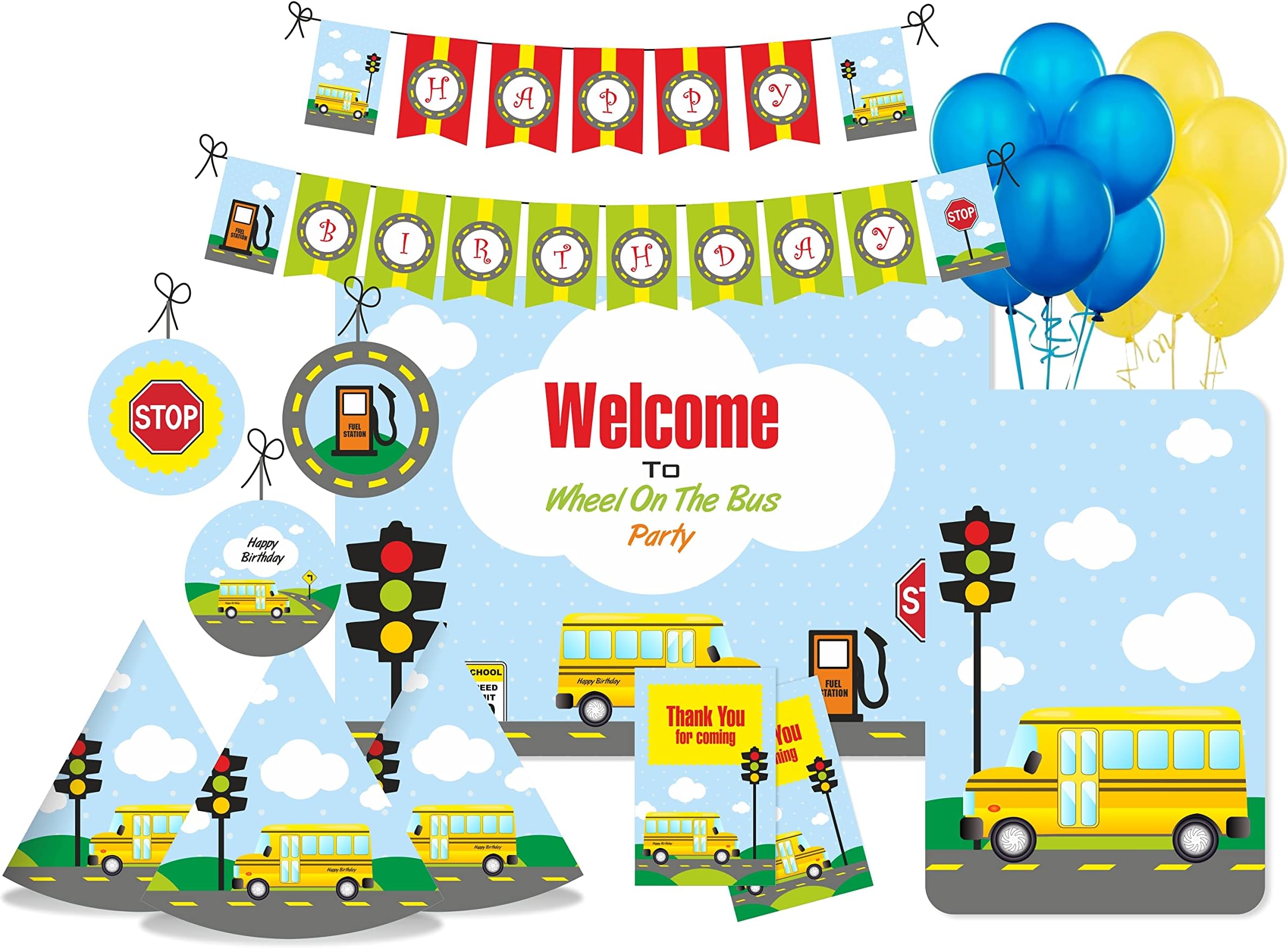 - Pretty Ur Party Wheels on the Bus Party decorations Kit - 80 pcs includes Banner,balloons,thank you,centerpiece,danglers, Wheels on the Bus Birthday Party Supplies, Rhymes Bday Décor Pack for kids
