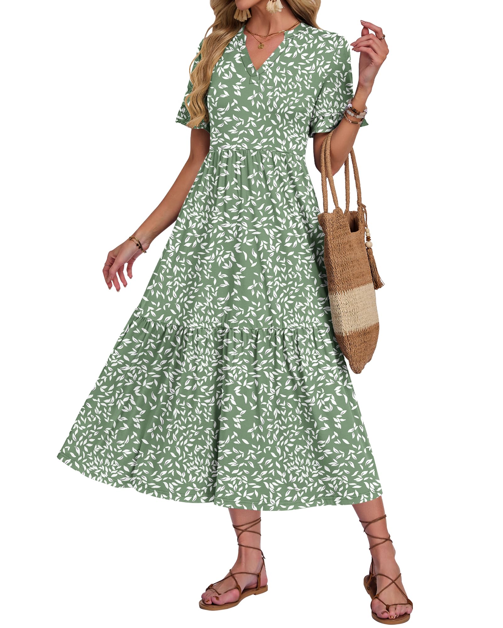 AUSELILY Vestidos Largo Verano Mujer 2026 Cuello en V Ruffles Manga Corta Vestido Playa Mujer Largo Ligero y Aireado con Bolsillos Cintura Elástica
