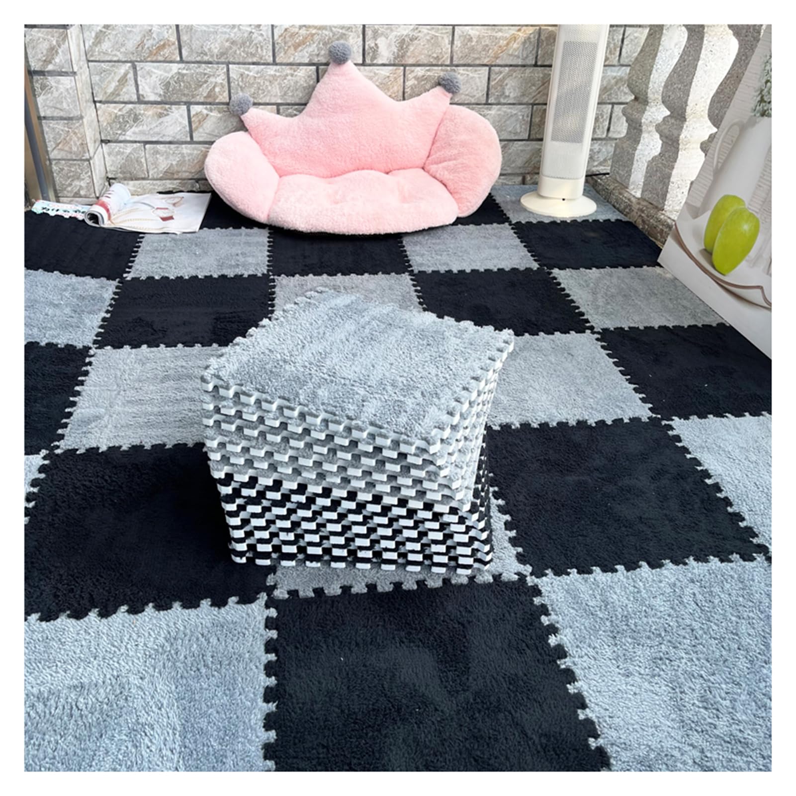 9/10 /12/16 Pièces Tapis De Sol en Mousse Puzzle en Peluche avec Bordure, Dalles De Moquette Carrées Emboîtables, Tapis De Jeu Moelleux pour Salon Chambre, 12 X (Size:9Tiles,Color:Blanc Abricot
