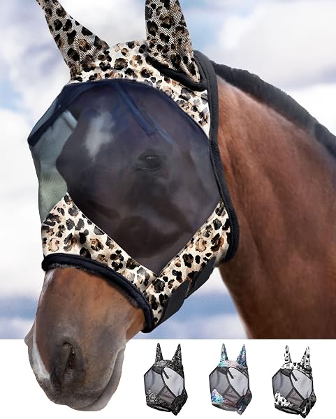 Harrison Howard CareMaster Máscara de Mosca de Caballo Estándar con Orejas Protección UV para Caballo-Estampado de Leopardo (L) - 1