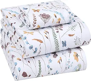 RUVANTI 100% Cotton Twin Sheets Set, 3 Pieces, Soft & Breathable Percale Weave Bedding, Deep Pocket 16", Hotel Standard, Crisp Cool Feel, Durable, Perfect Floral Bed Sheet, Fern Class