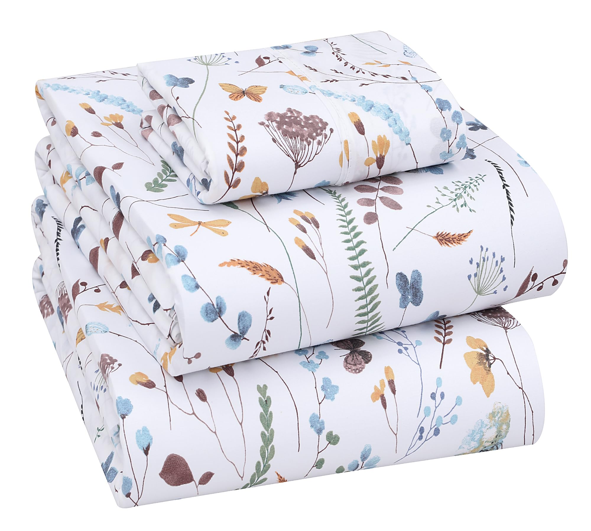 RUVANTI 100% Cotton Twin Sheets, Percale Weave Twin Sheet Set, Fern Class