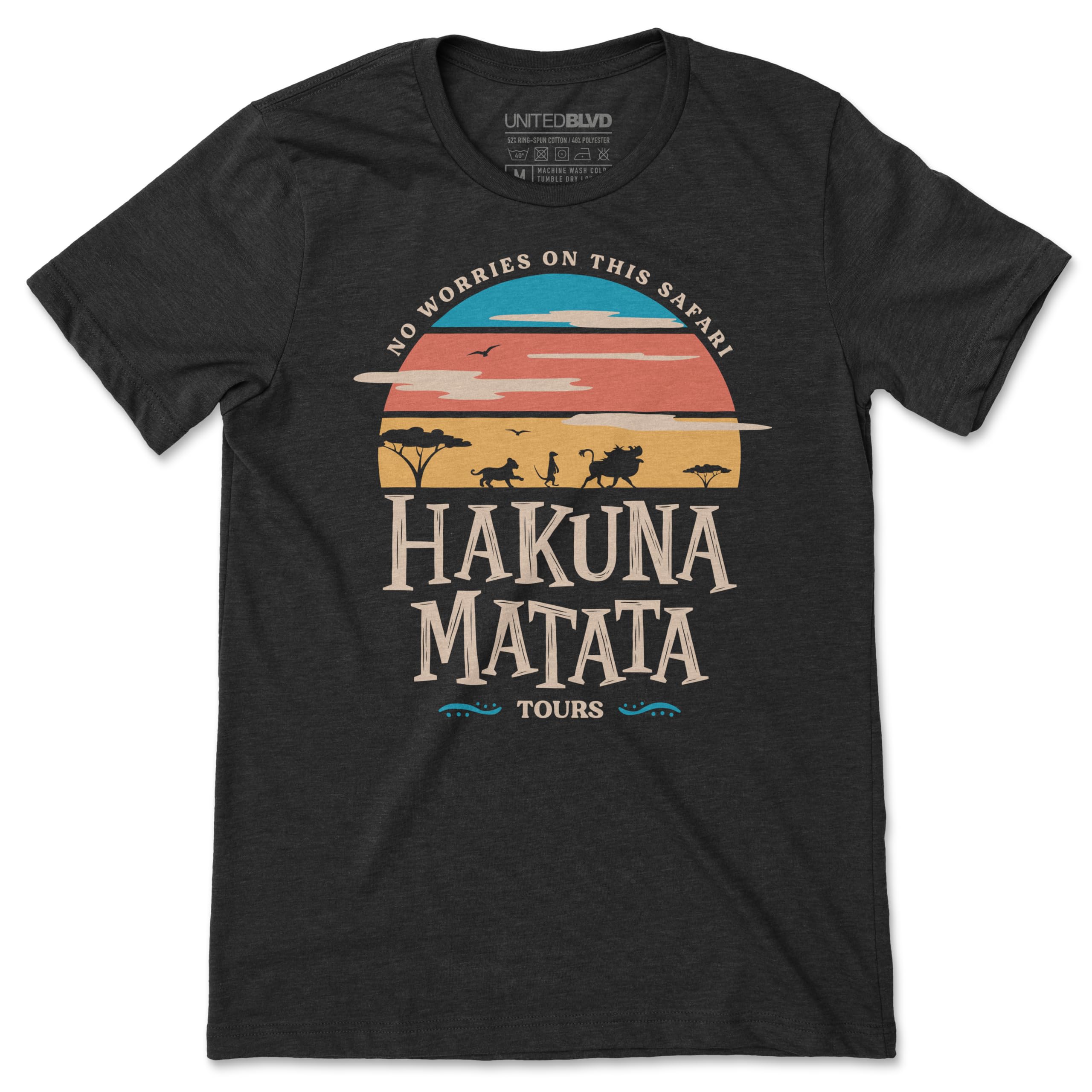 Hakuna Matata Tours Character Unisex T-Shirt|Cartoon Vintage Graphic Tee|Perfect for Vacation & Casual Wear (2XL, Black Heather)