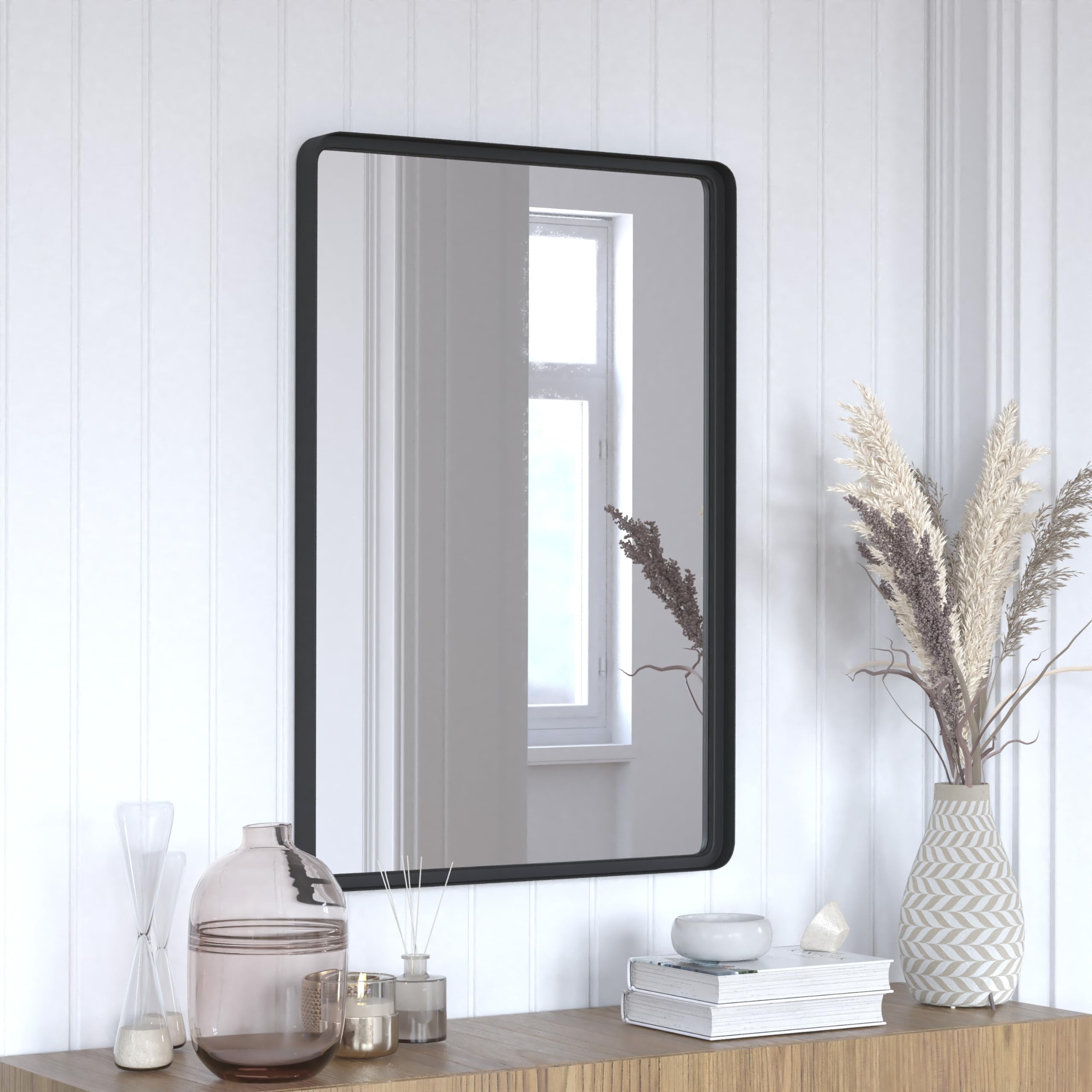 Flash FurnitureAva Deep Framed Wall Mirror for Bathroom, Entryway, Dining Room, & Living Room, Black, Metal Frame, 24"x 36"