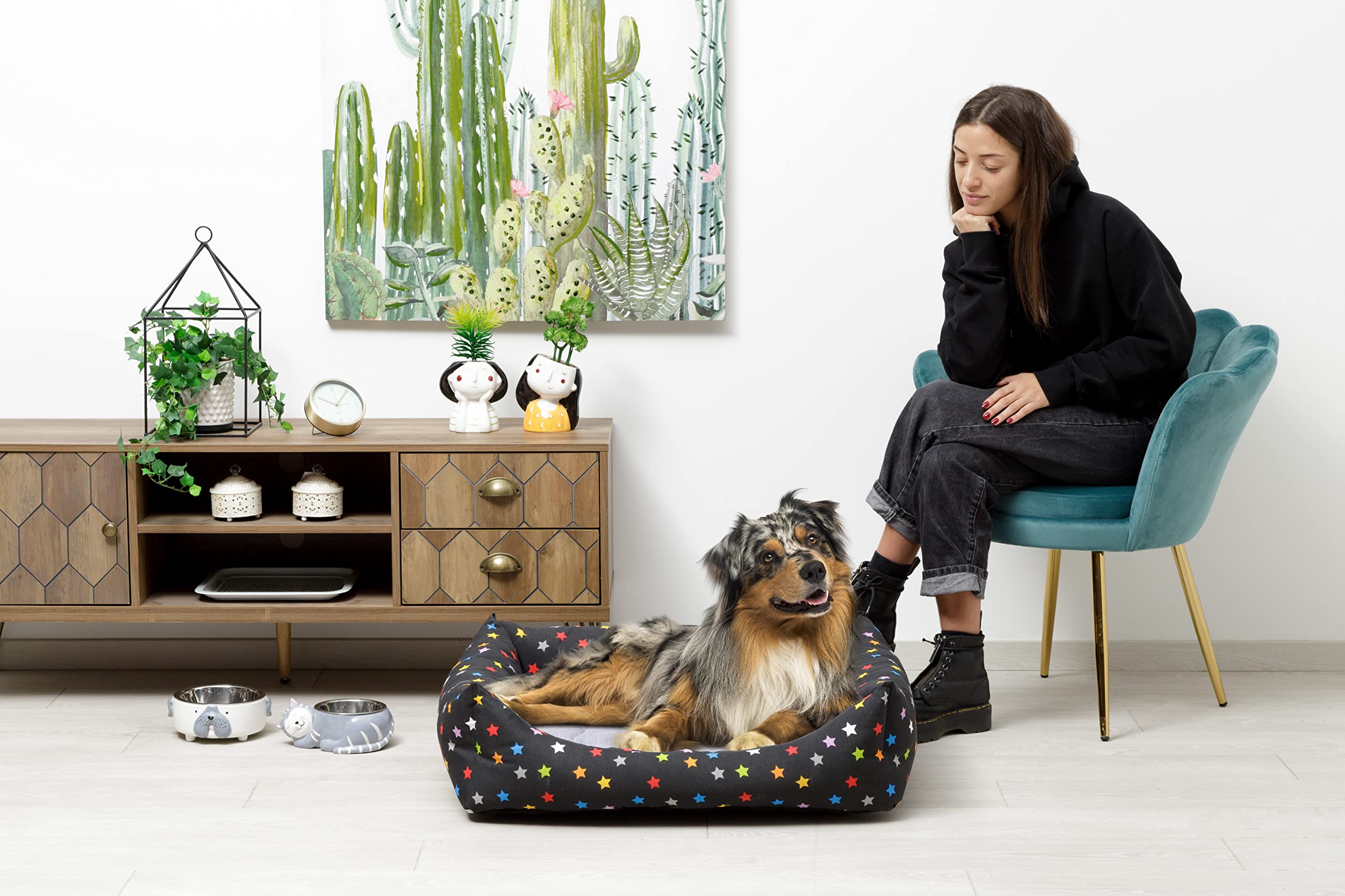 Baroni Home Cuccia per Cane in tessuto Grigio e Stelle Taglia L 70x85 cm, Morbido Divano Rettangolare, Comodo, per Camera da Letto Salotto Corridoio, Lavabile