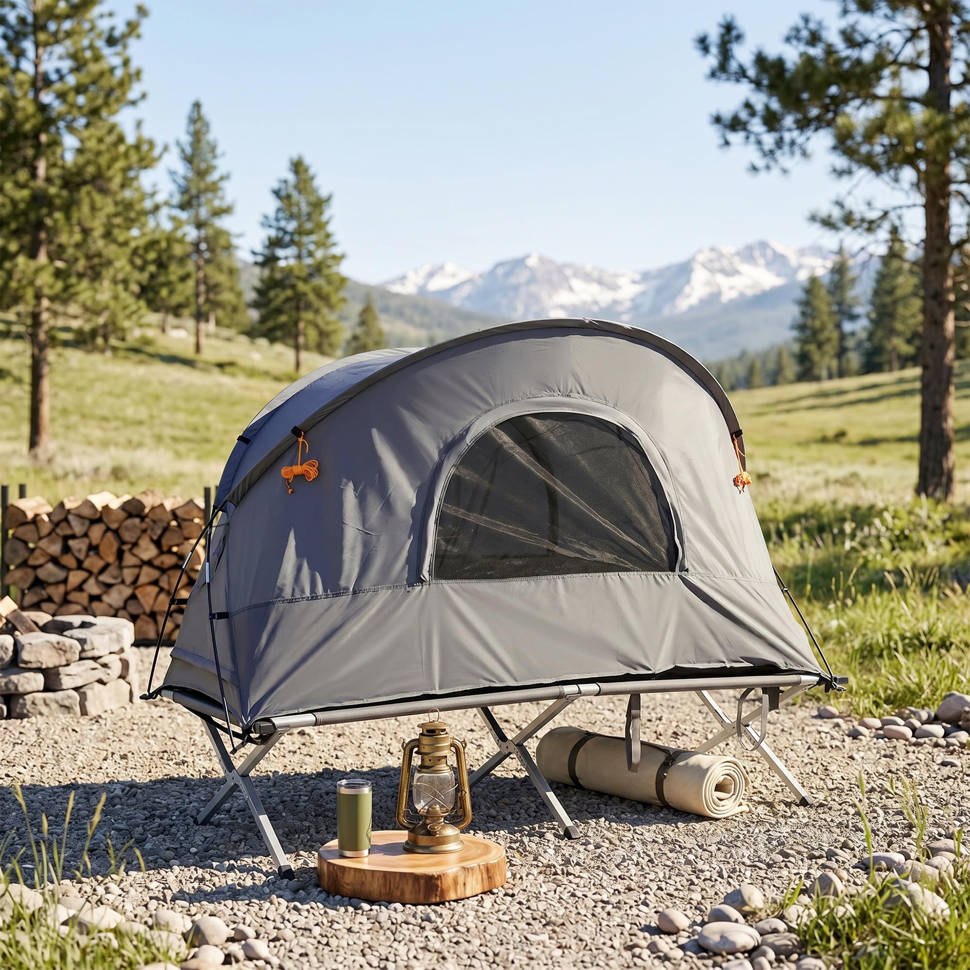 Outsunny Ensemble Tente de Camping 3 en 1 avec lit de Camp 1 Personne, Tente et 1 Matelas Gonflable - Sac de Transport Inclus - dim. 200L x 86l x 147H cm
