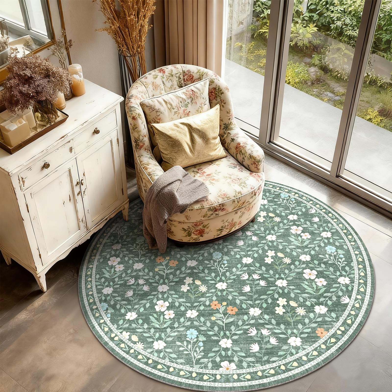 XSIVOD Round Floral Rugs for Living Room, Boho Washable Area Rugs for Bedroom, Non Slip Vintage Rugs for Dining Room Home Office, Soft Low Pile Floor Carpet for Home Decor, 160x160 cm, Green/Lattice