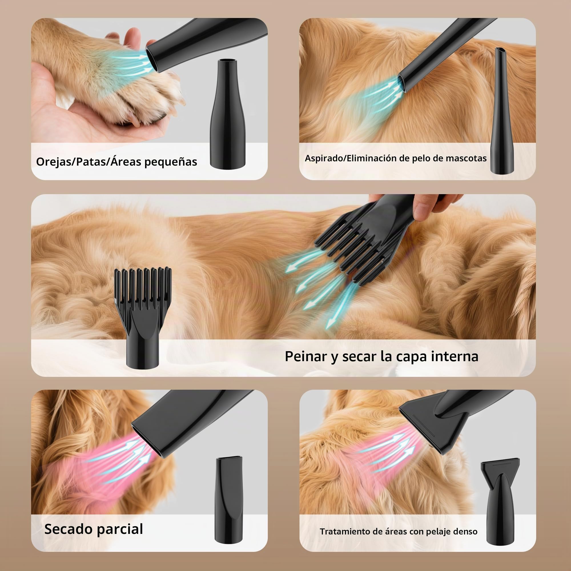 DEWINNER Blower Secador de Pelo Perros 3200W Pulsómetro para Perros con Aspirador Animales Velocidad y Temperatura Ajustable con 5 Boquillas Diferentes 1 Tubo Elástico y