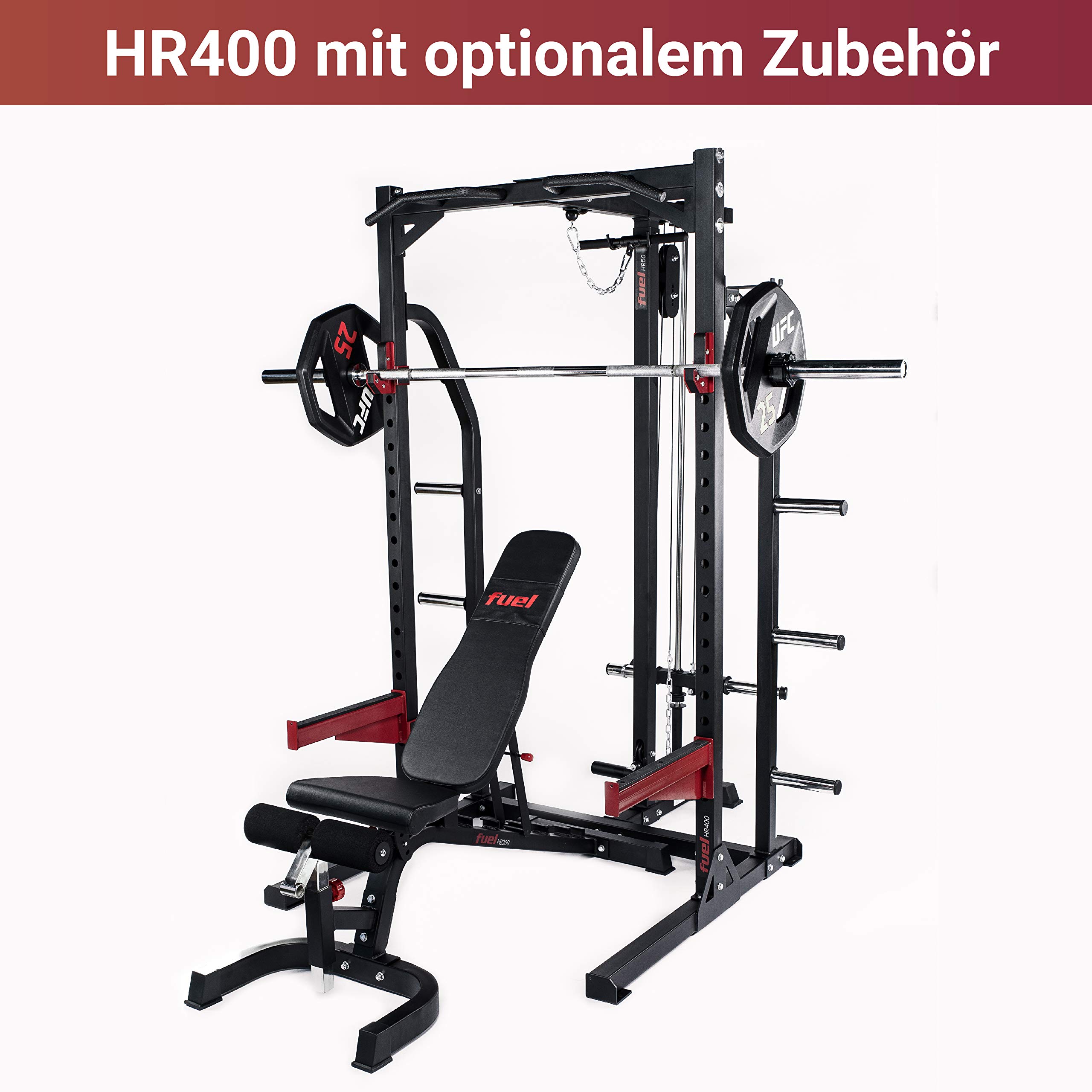 Half Cage HR400 Verstellbarer Kniebeugeständer mit Sicherheitsablagen und Hantelscheibenständer, Squat Rack, Kniebeugeständer mit Klimmzugstange, bis 272kg belastbar