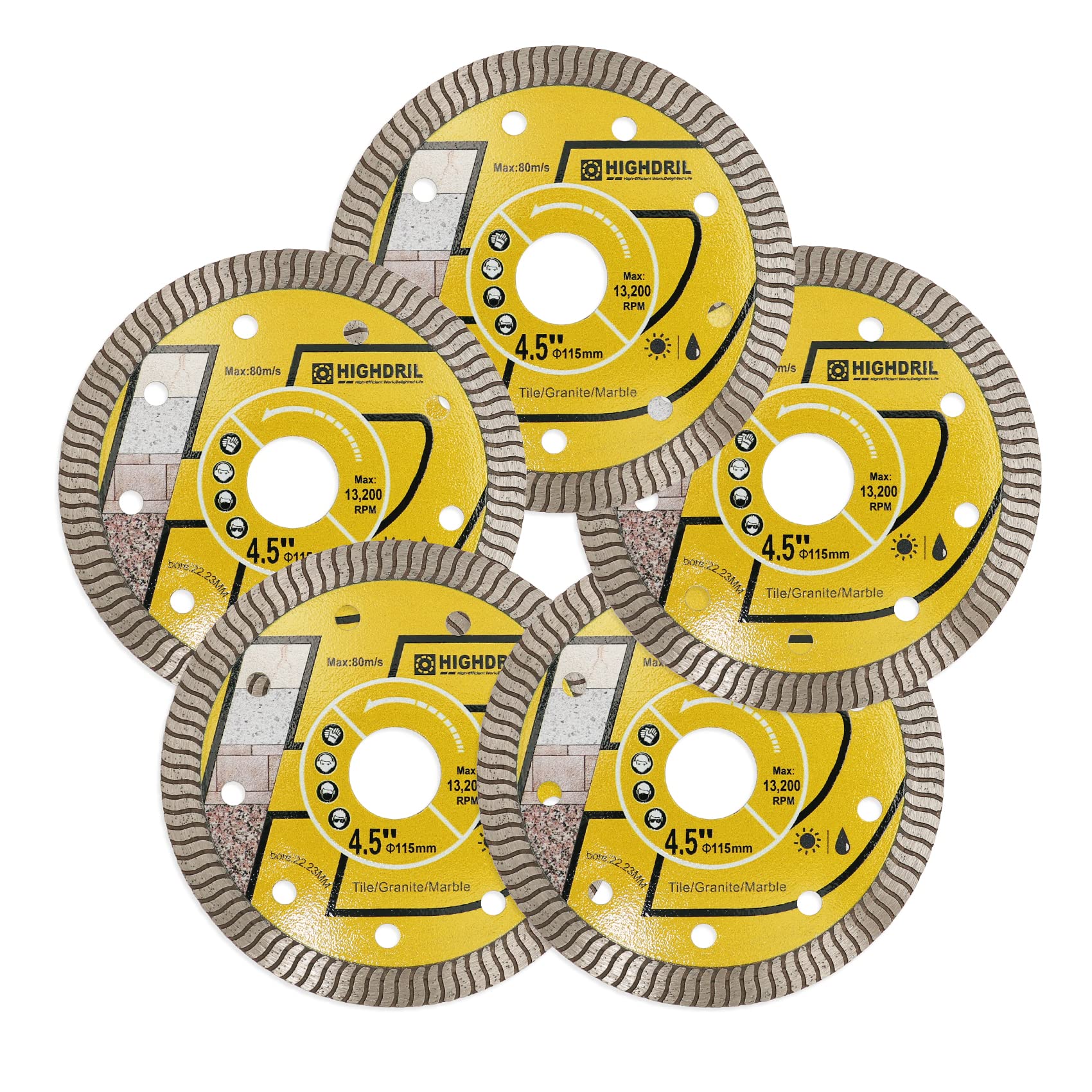 HIGHDRIL Diamond Saw Blade - 5Pcs 115MM Diamond Tile Blade with 22.23MM Arbor, Dry or Wet Cutting Disc for Porcelain Tile Ceramic Granite Marble Hard Material Masonry