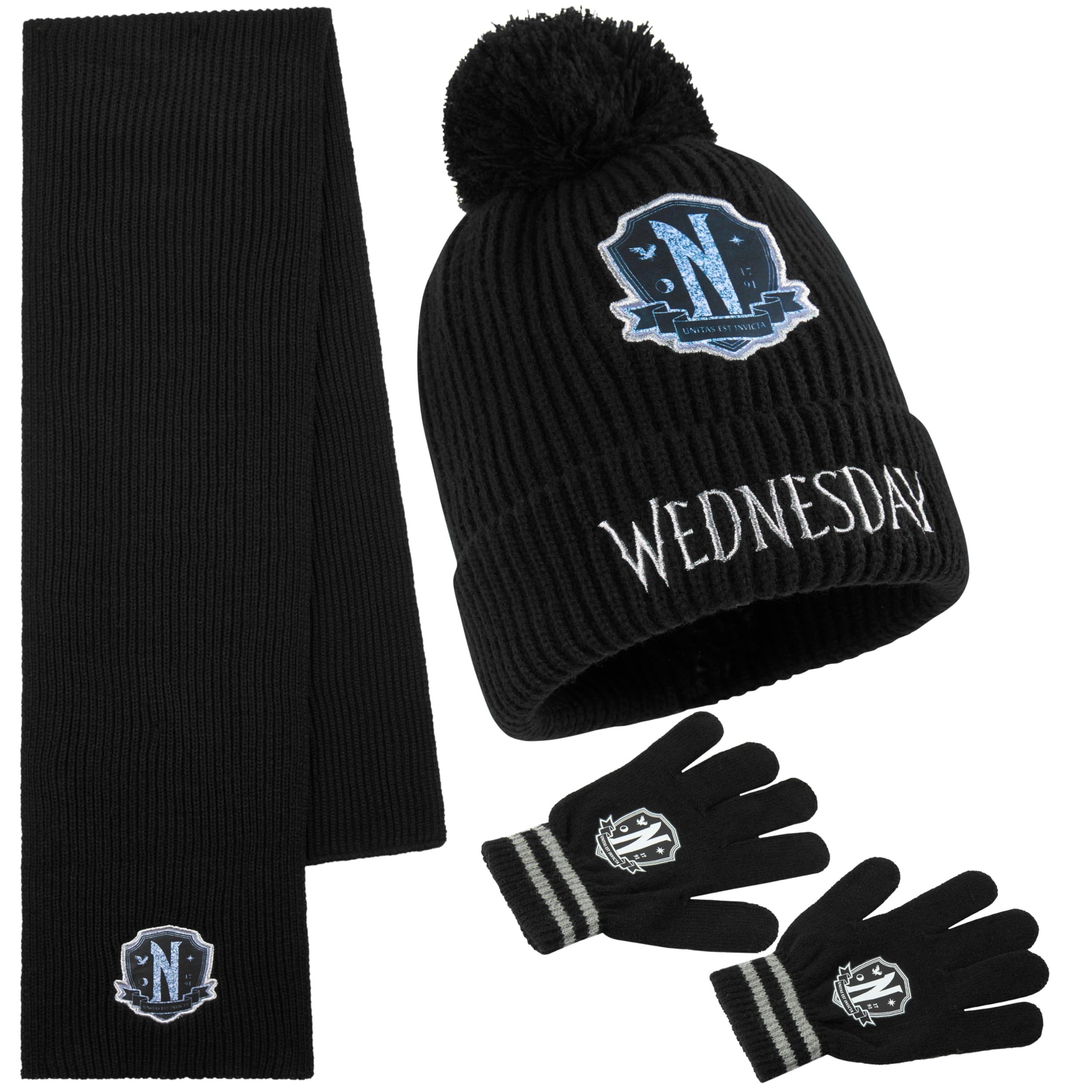 Wednesday Bonnet Fille 3 Pièces, Ensemble Bonnet Écharpe Gants Tricot Chaud Vêtement Accessoires d'Hiver Gothiques Idée Cadeau