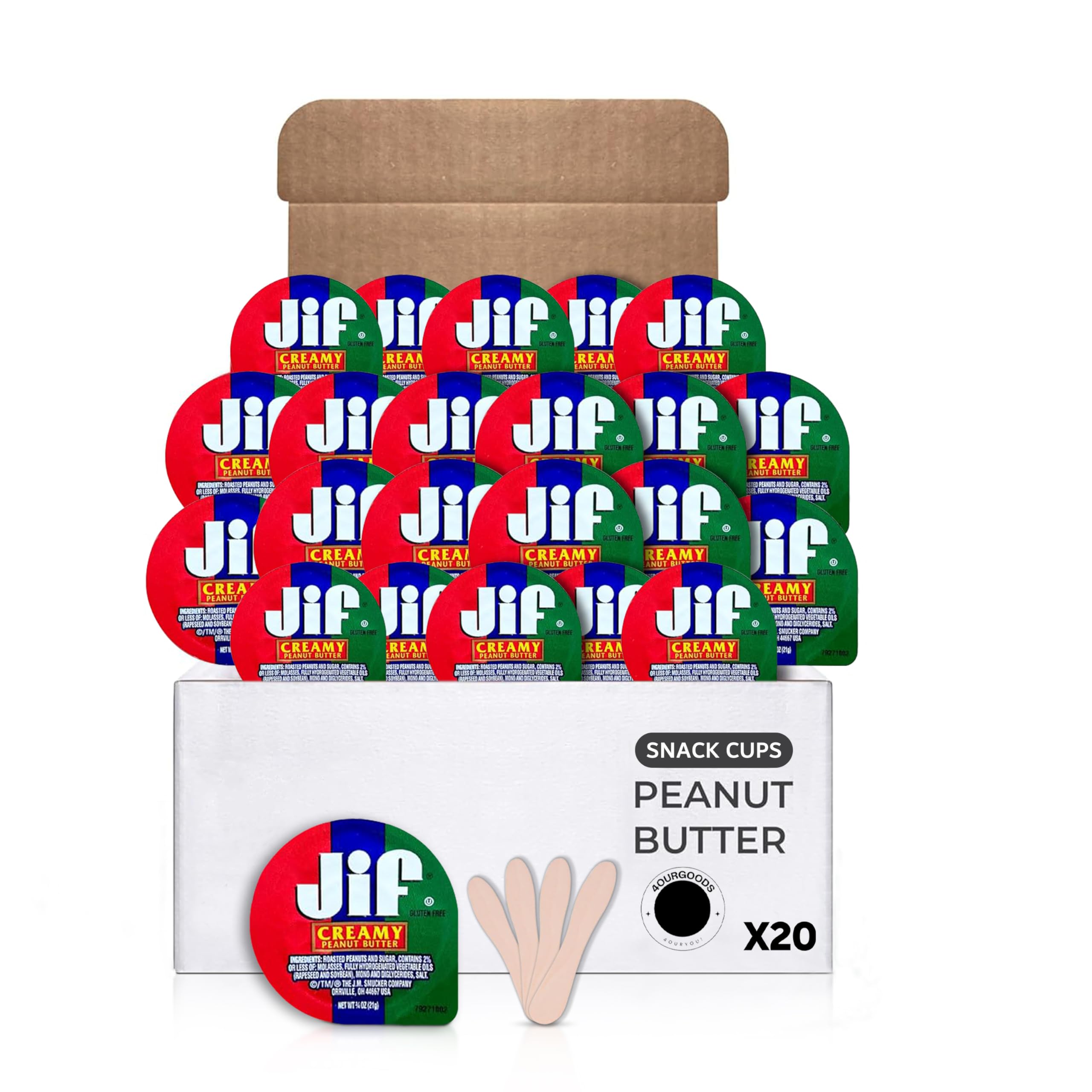 Creamy Peanut Butter Mini Cups (20-Pack), Portion Control 0.75 oz Single-Serve Portable Cups with Eco-Friendly Wooden Spoons, 122 Calories Each Cup — Great for Gifts, Holidays, and Year-Round Snacking