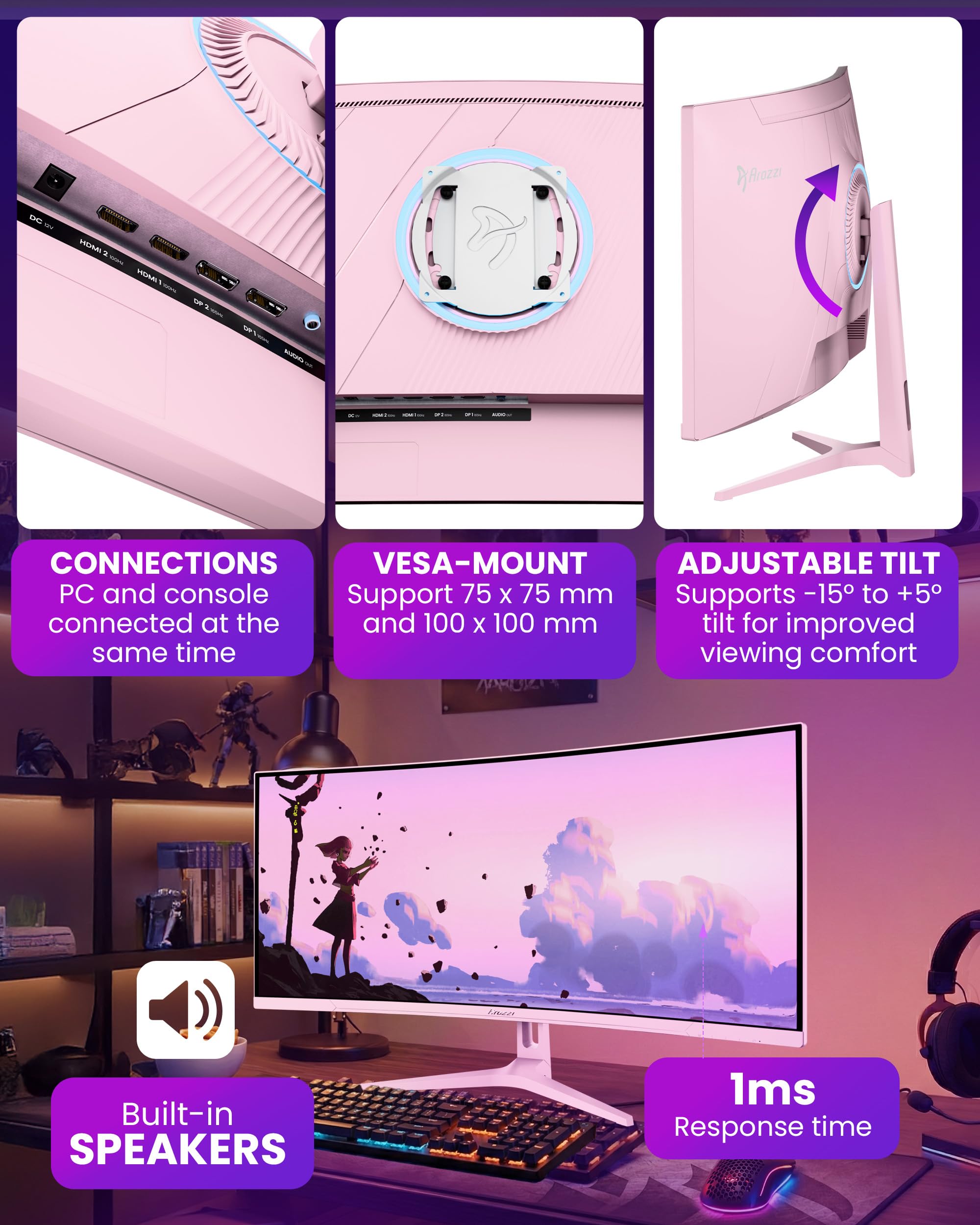 Arozzi Nova 34" zakrzywiony monitor do gier VA UWQHD 3440 × 1440, 165 Hz, 1 ms, FreeSync, HDR, ultrapanoramiczny, wbudowane głośniki - różowy