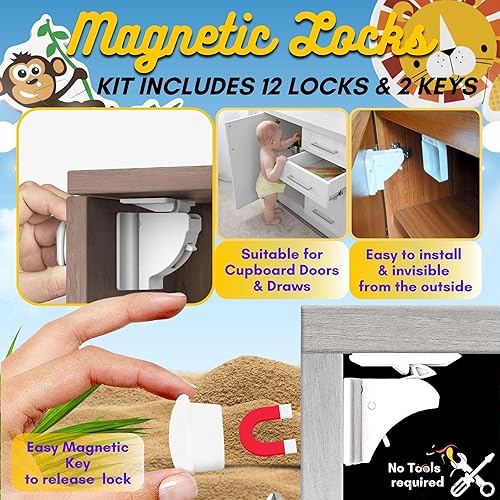 Miniatura 3 de Kit de 67 piezas todo en uno, incluye cerraduras magnéticas para gabinetes a prueba de bebés, protectores de parachoques de esquina, cerraduras de
