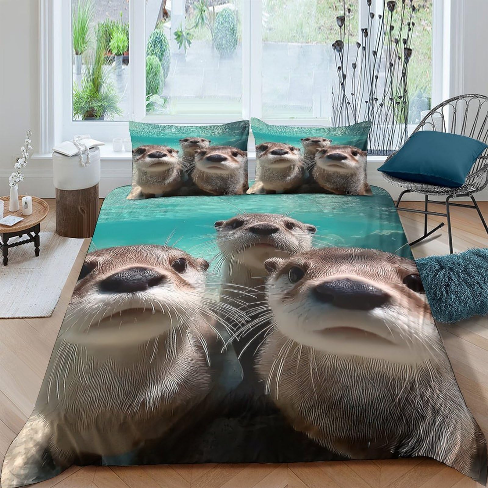 GPLZQXKJNH 3D Printed Otter Ocean Duvet Cover Set Microfiber Soft Breathable River Animal Quilt Cover 2 Pillowcases Bedroom Decor Single（135x200cm）