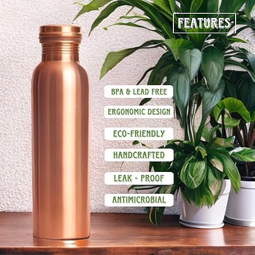 Miniatura 3 de Botella de agua de cobre puro, 34 onzas, mantente hidratado y disfruta de los beneficios ayurvédicos, diseño a prueba de fugas, acabado suave,