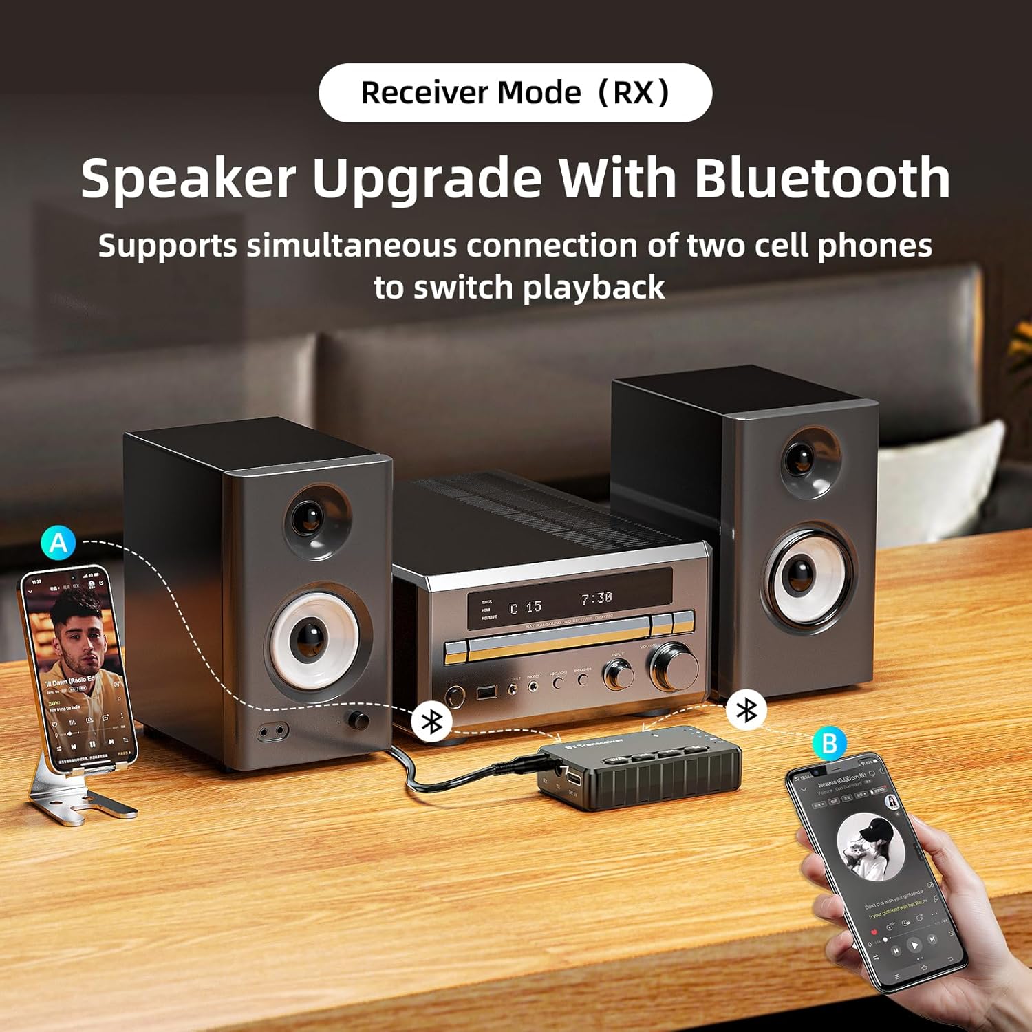 A3Pro in Receiver Mode (RX) connected to a stereo system, receiving from two phones