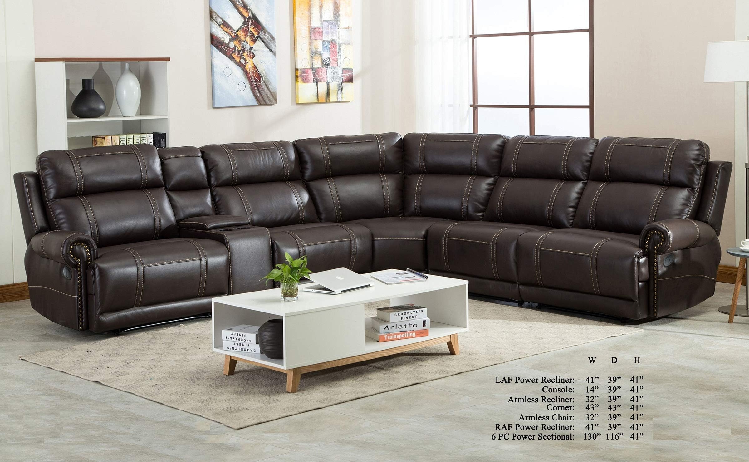 Esofastore Power Motion Recliner 6pcs Sectional Sofa Set Brown Bonded Leather Cushion Recliner Chairs Corner Console Living Room Furniture