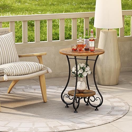 Miniatura 13 de Mesa auxiliar, pequeña mesa auxiliar redonda para espacios pequeños, mesita de noche redonda con marco de metal, mesa auxiliar para sofá, mesa de