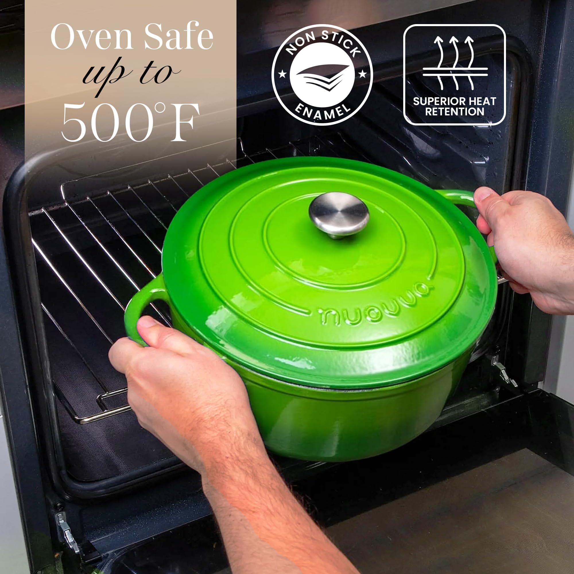Casseruola in Ghisa Smaltata, Pentola Olandese Antiaderente con Coperchio, Induzione/Gas/Forno, Cottura Omogenea – 4.7 Liter 28cm Verde – da Nuovva