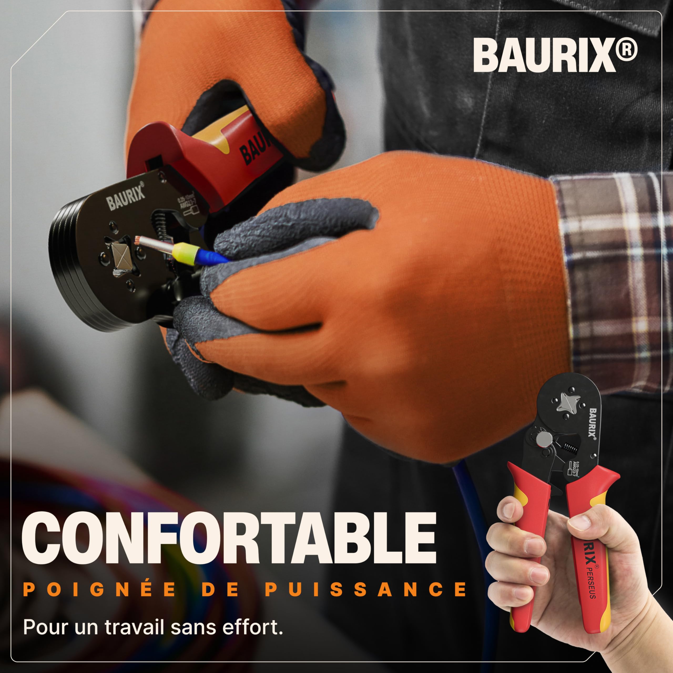 BAURIX® Pince à Sertir avec 1800 Embouts de Câble - [0,25-10mm²] Pince à Embout Auto-Réglable - Pince à Sertir les Embout fil electrique souple - Sertisseuse Electrique - Pince Automatique
