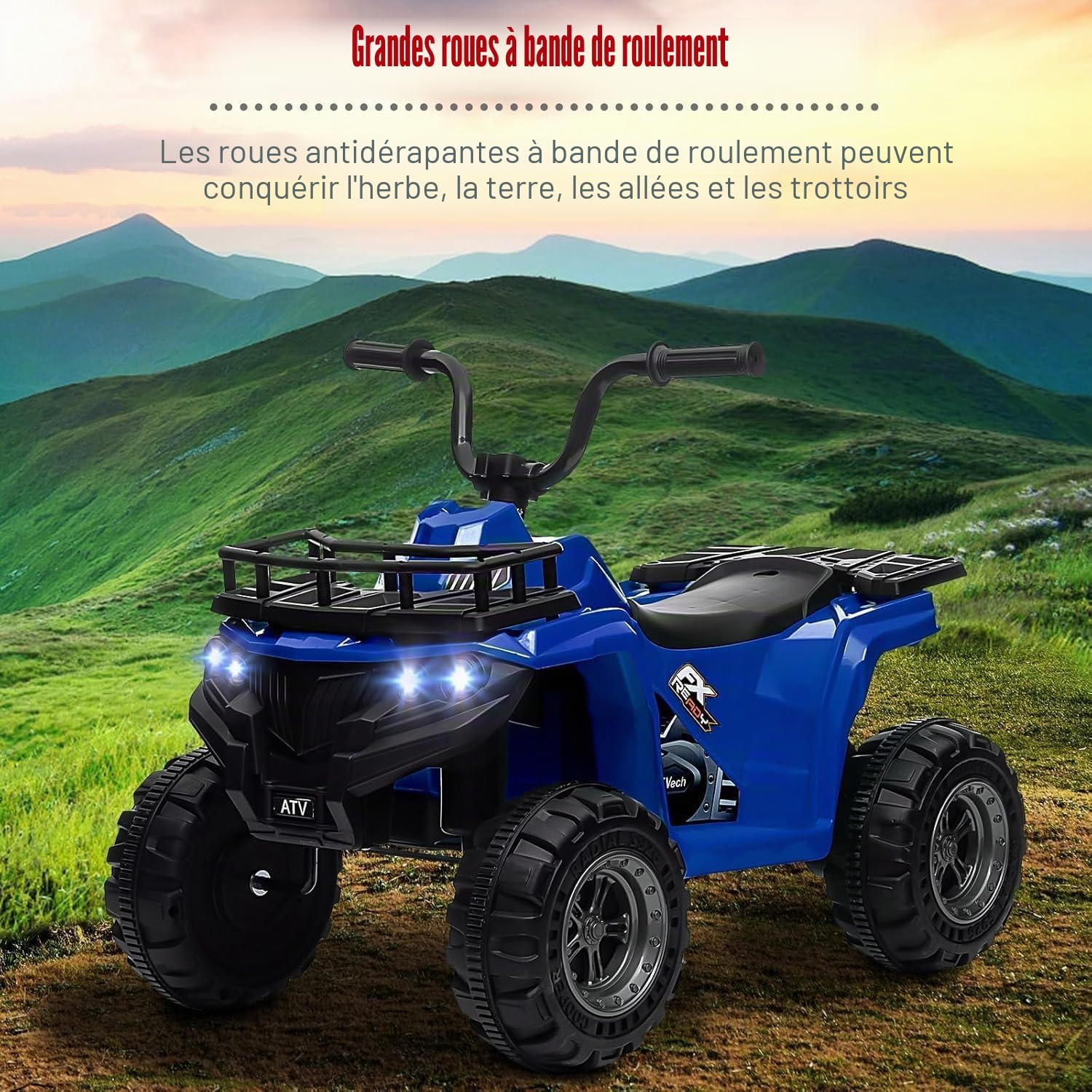 Quad électrique pour enfants 12 V, 2 vitesses ATV, musique et lumières LED, longue durée de vie, voiture électrique pour enfants et filles 2-6 ans (Bleu)