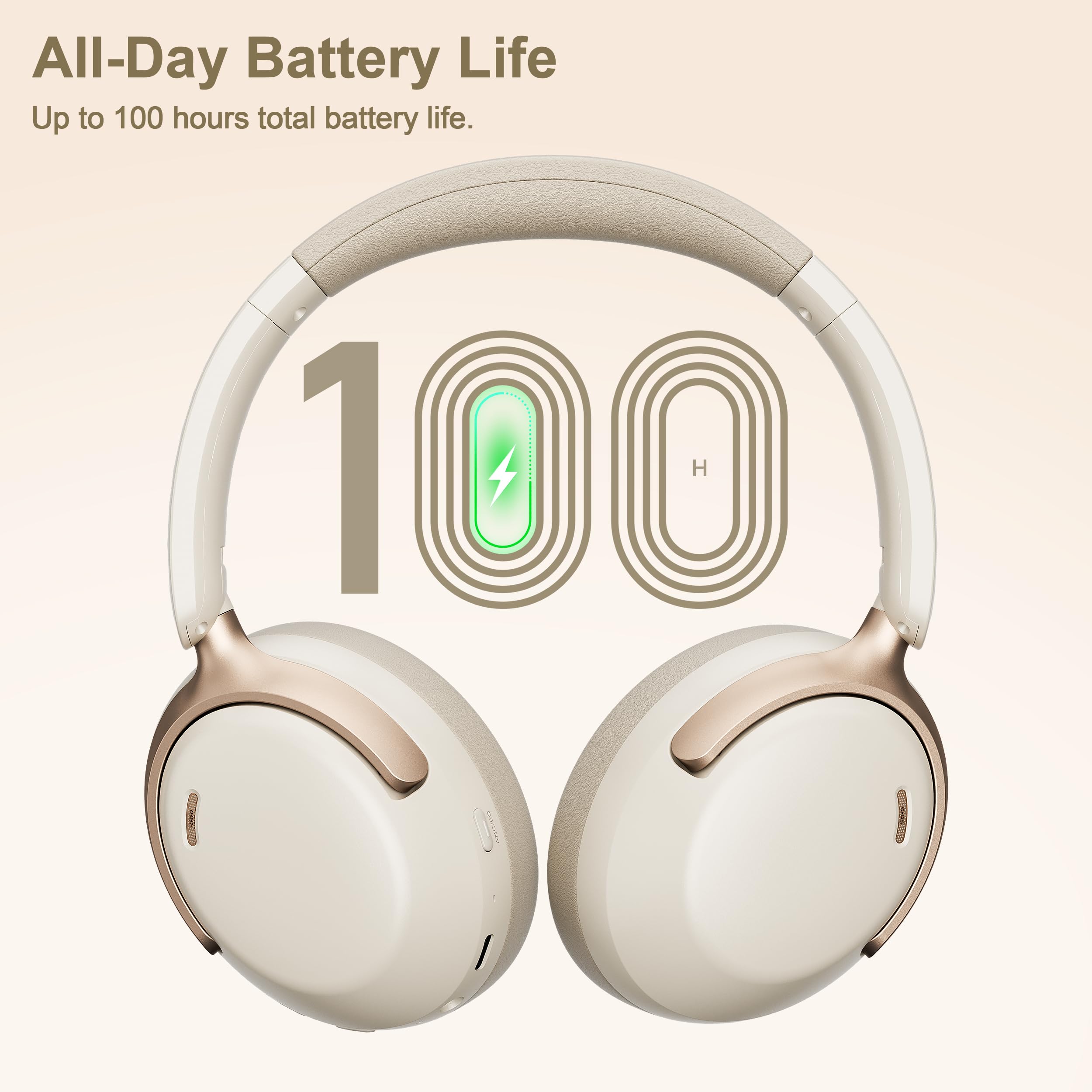 LORELEI QC30 - Cuffie ibride con cancellazione attiva del rumore, Bluetooth wireless over-ear, pelle proteica beige, controllo attivo del rumore e modalità trasparenza, bassi profondi, microfono