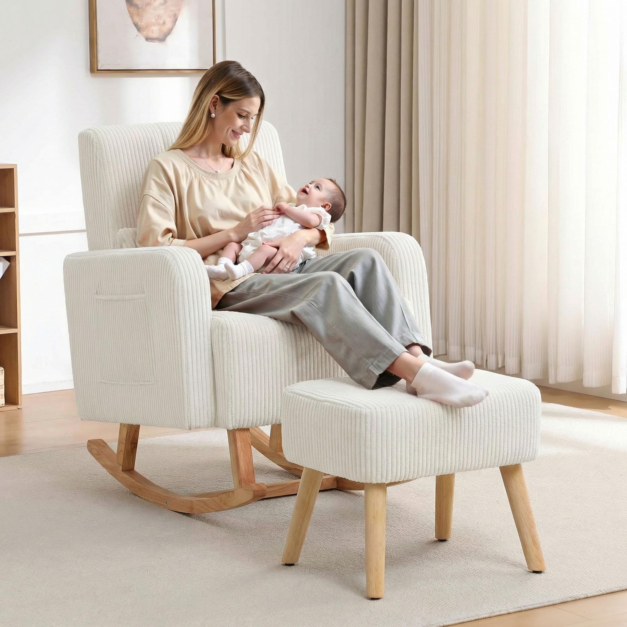 HCHAIRH Rocking Nursing Chair with Ottoman, Corduroy Glider Rocker Armchair with Side Pocket and High Backrest, Comfy Reading Chair with Solid Wood Legs for Nursery, Living Room,Bedroom, Beige