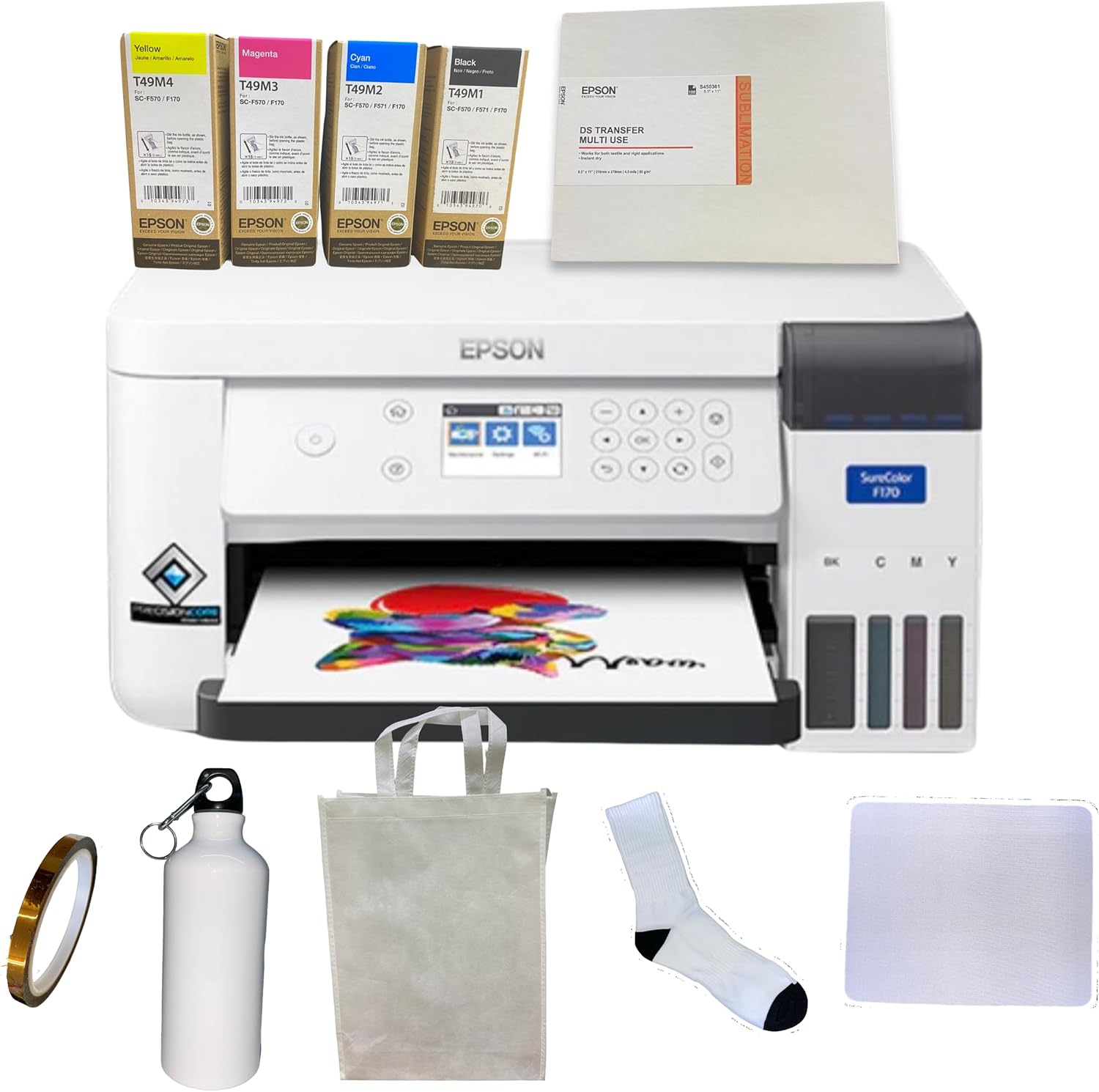 Epson SureColor F170 Dye-Sublimation Printer, Eco Tank, Cartridge-Free, Genuine Set of Inks and Sublimation Paper. Blanks