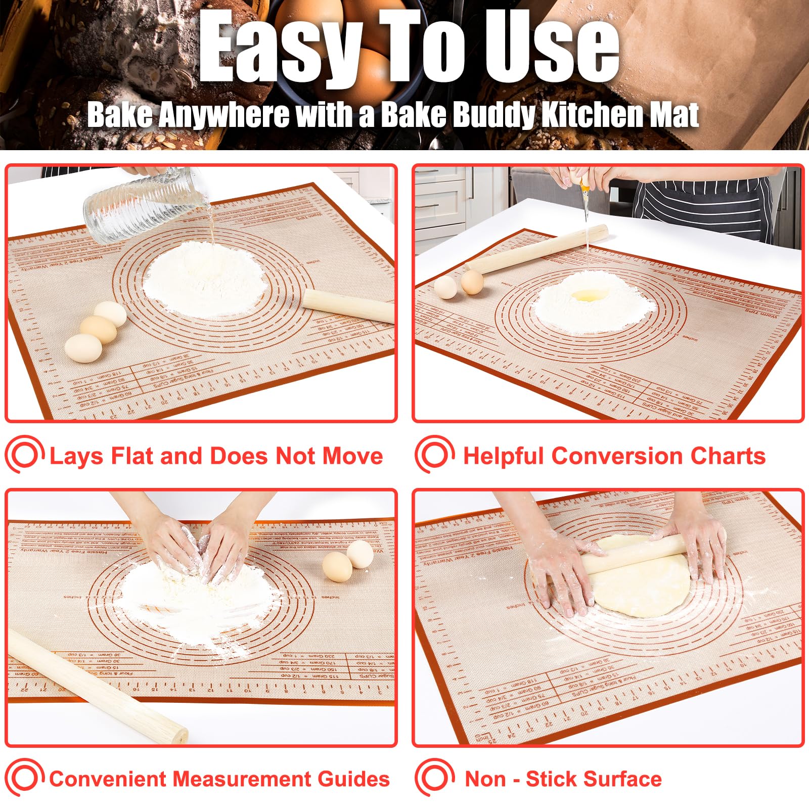 Alfombrilla de silicona extra grande antiadherente para masa con medición para hornear, tapete de fondant, tapete de amasado, tapete para amasar, tapete para masa (rojo, 24 x 36)
