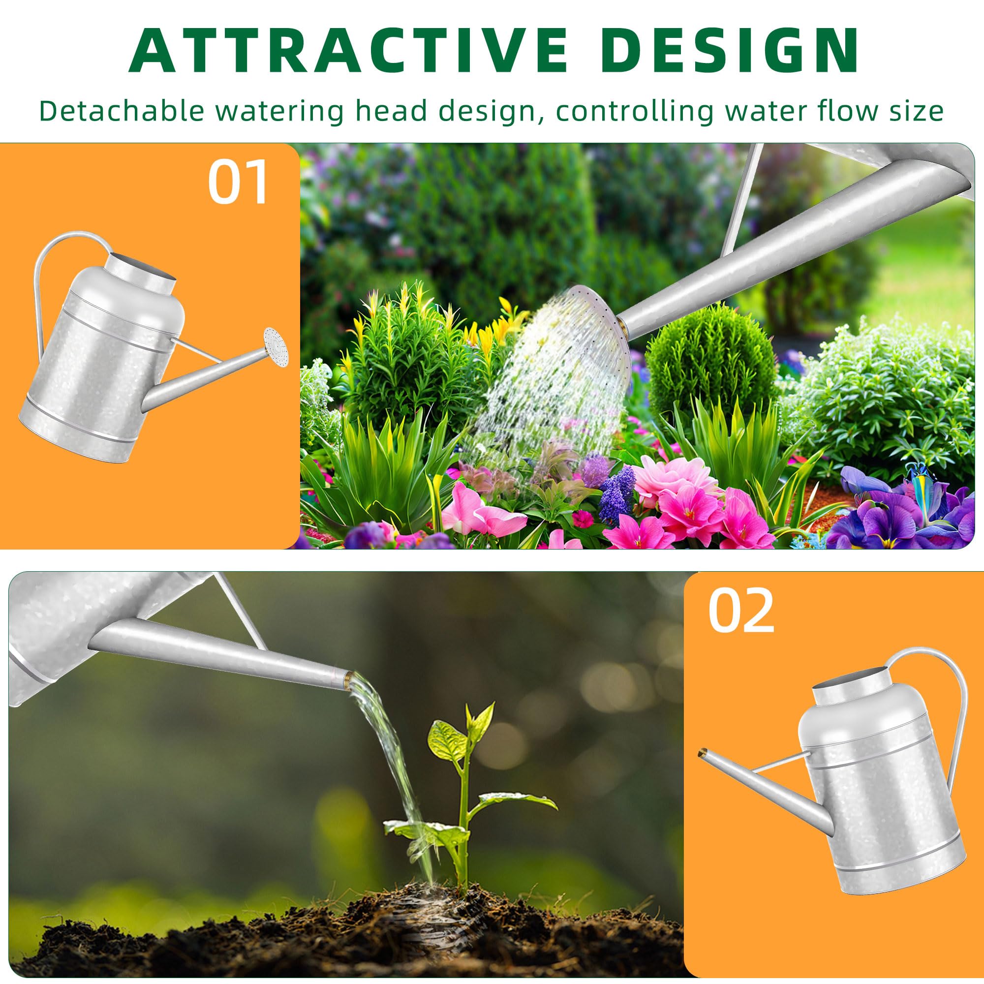 Regadera galvanizada para plantas de interior al aire libre, cuenco de 2,3 galones, jarra de agua con caño extraíble, regadera de metal para plantas de interior y flores de jardín