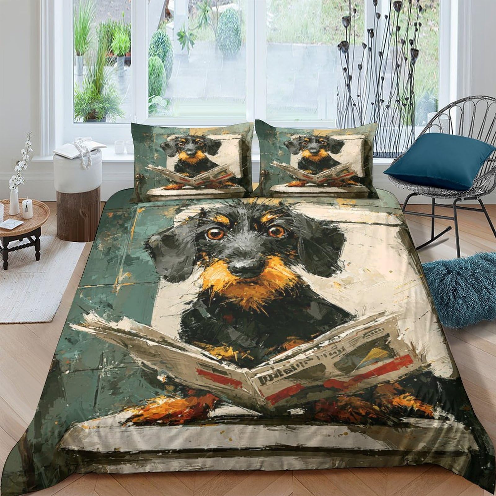 Ctjqhvkz Style-7 3D Printed Reading Dachshund Fitted Sheet Microfiber Soft Anti-Slip Dog With Newspaper Mattress Cover For Bedroom Decor Single（135X200cm）